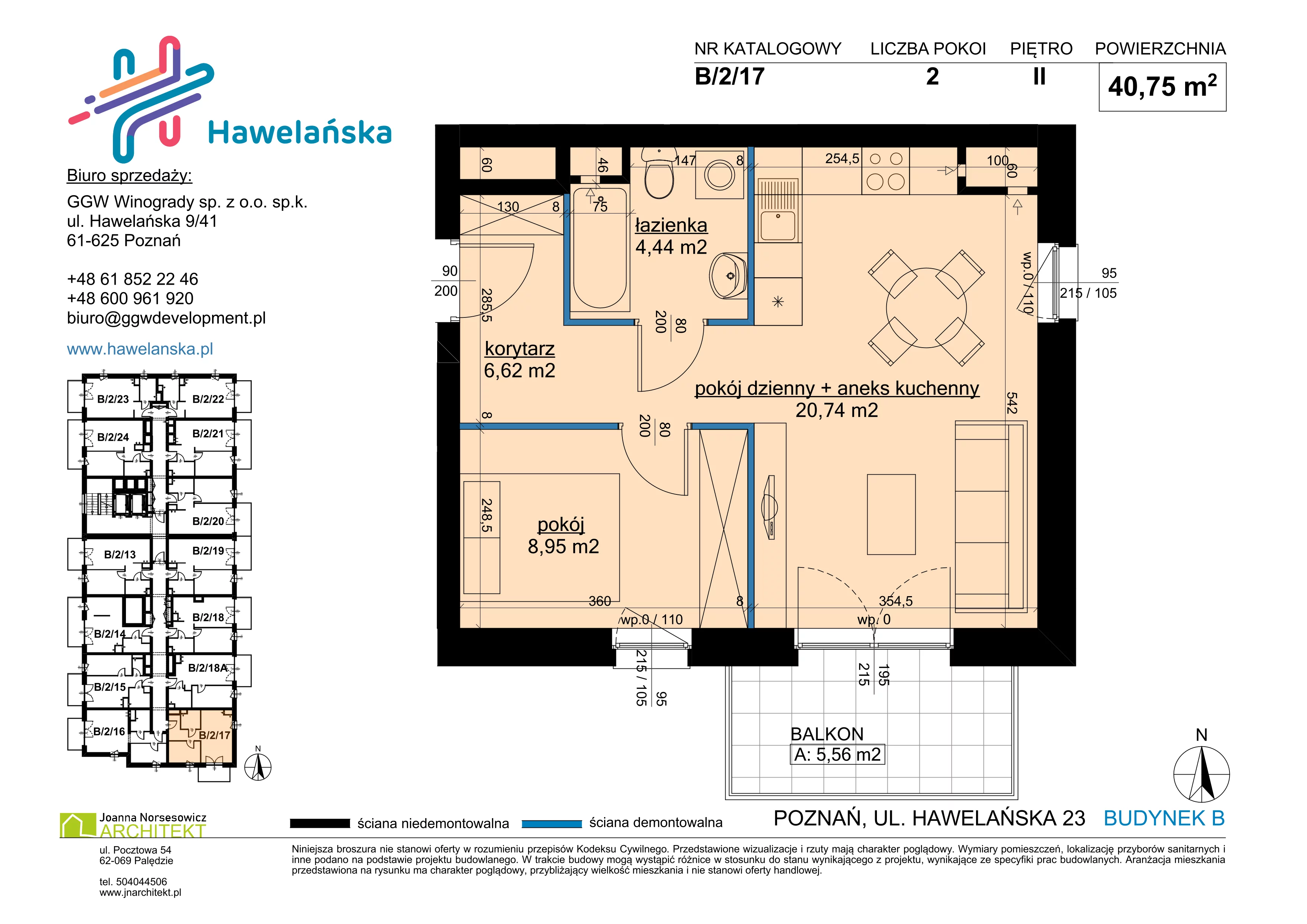 2 pokoje, mieszkanie 40,75 m², piętro 2, oferta nr B/2/17, Osiedle Hawelańska III etap, Poznań, Winogrady, ul. Hawelańska 25