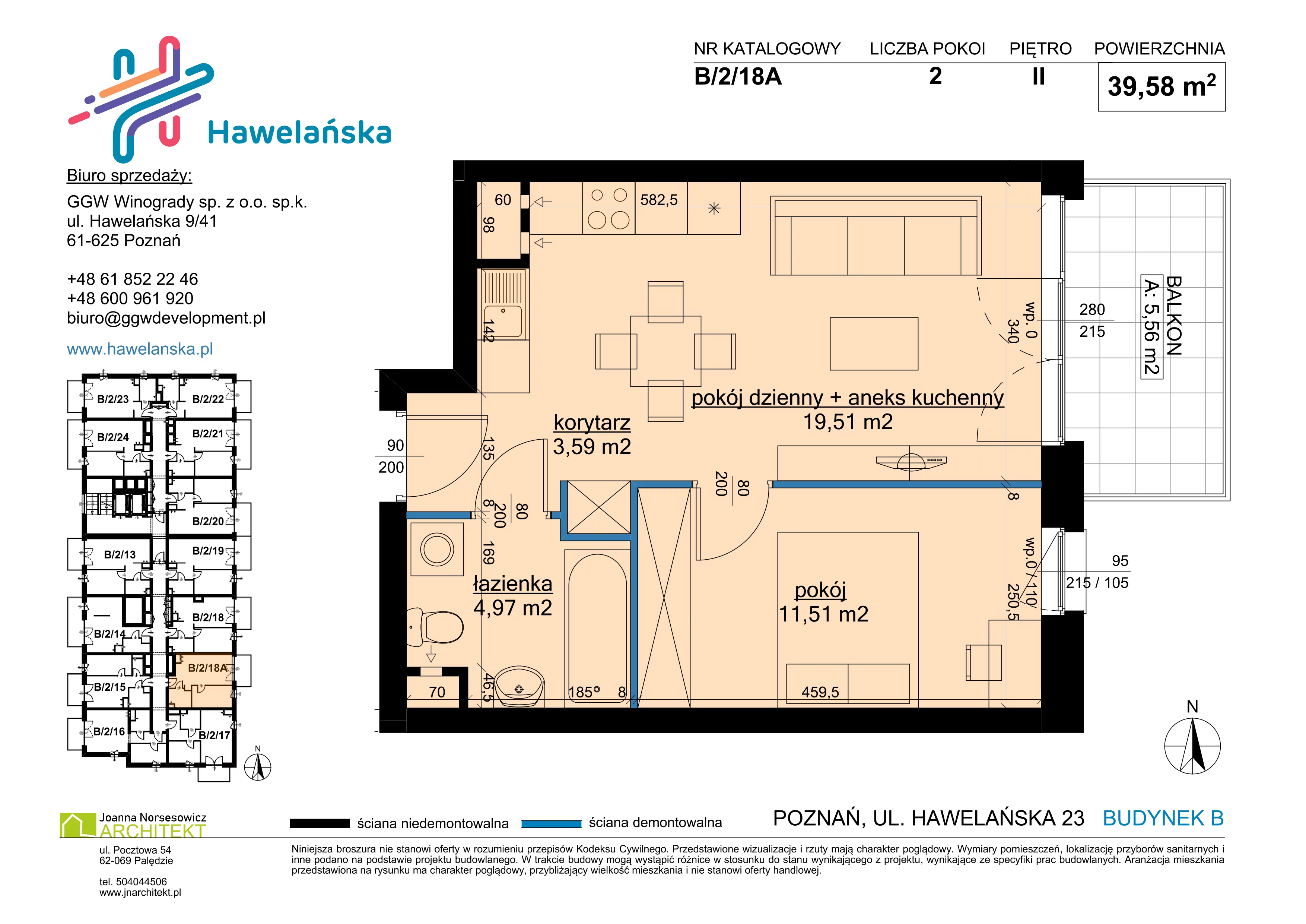 2 pokoje, mieszkanie 39,58 m², piętro 2, oferta nr B/2/18A, Osiedle Hawelańska III etap, Poznań, Winogrady, ul. Hawelańska 25
