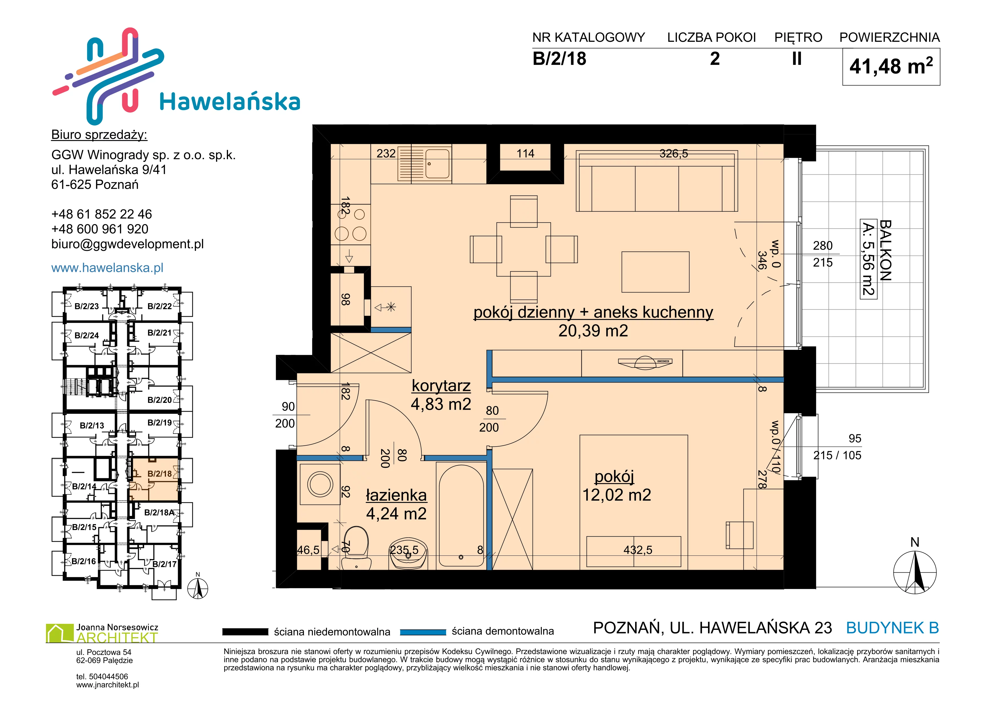 2 pokoje, mieszkanie 41,48 m², piętro 2, oferta nr B/2/18, Osiedle Hawelańska III etap, Poznań, Winogrady, ul. Hawelańska 25