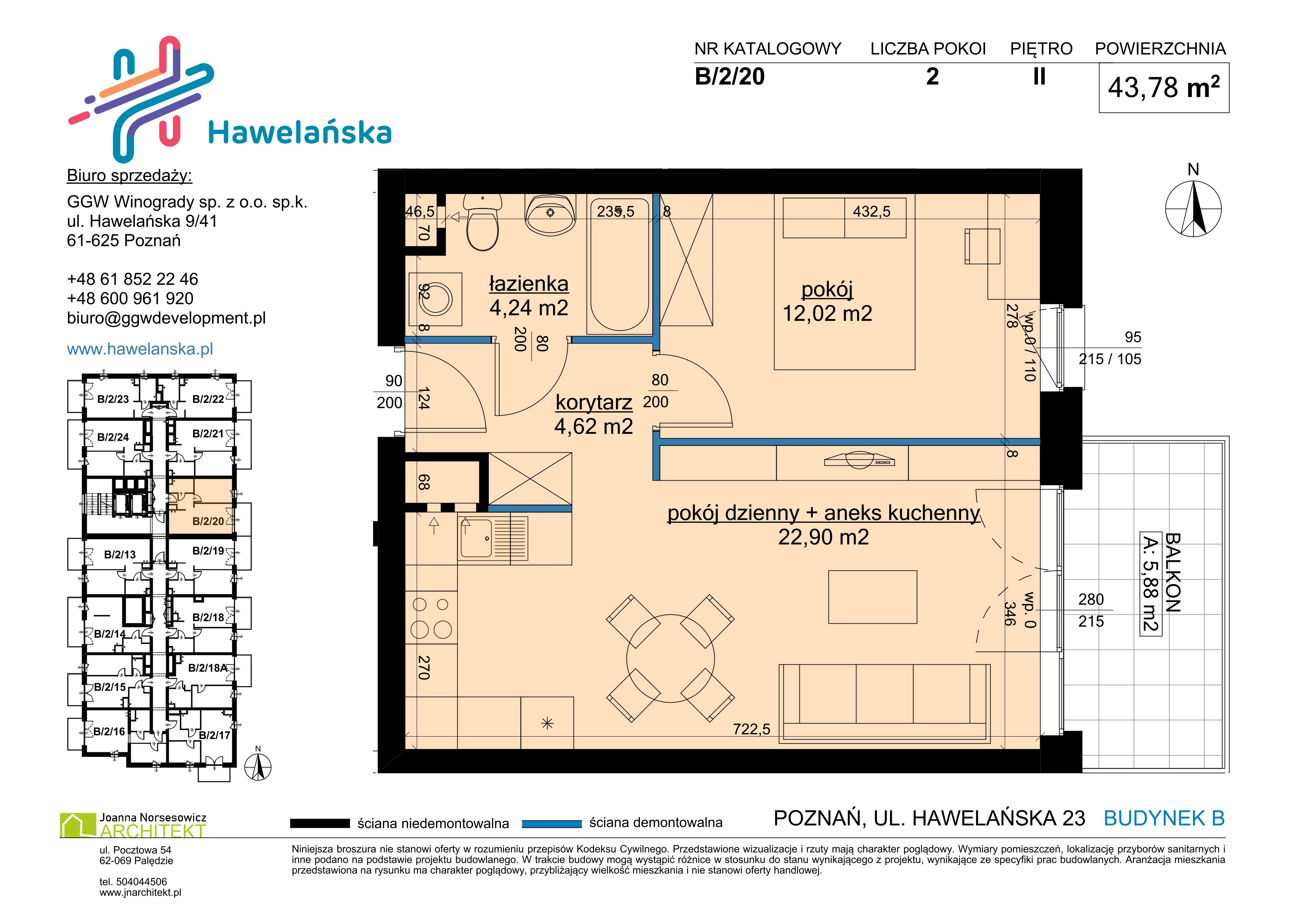 2 pokoje, mieszkanie 43,78 m², piętro 2, oferta nr B/2/20, Osiedle Hawelańska III etap, Poznań, Winogrady, ul. Hawelańska 25