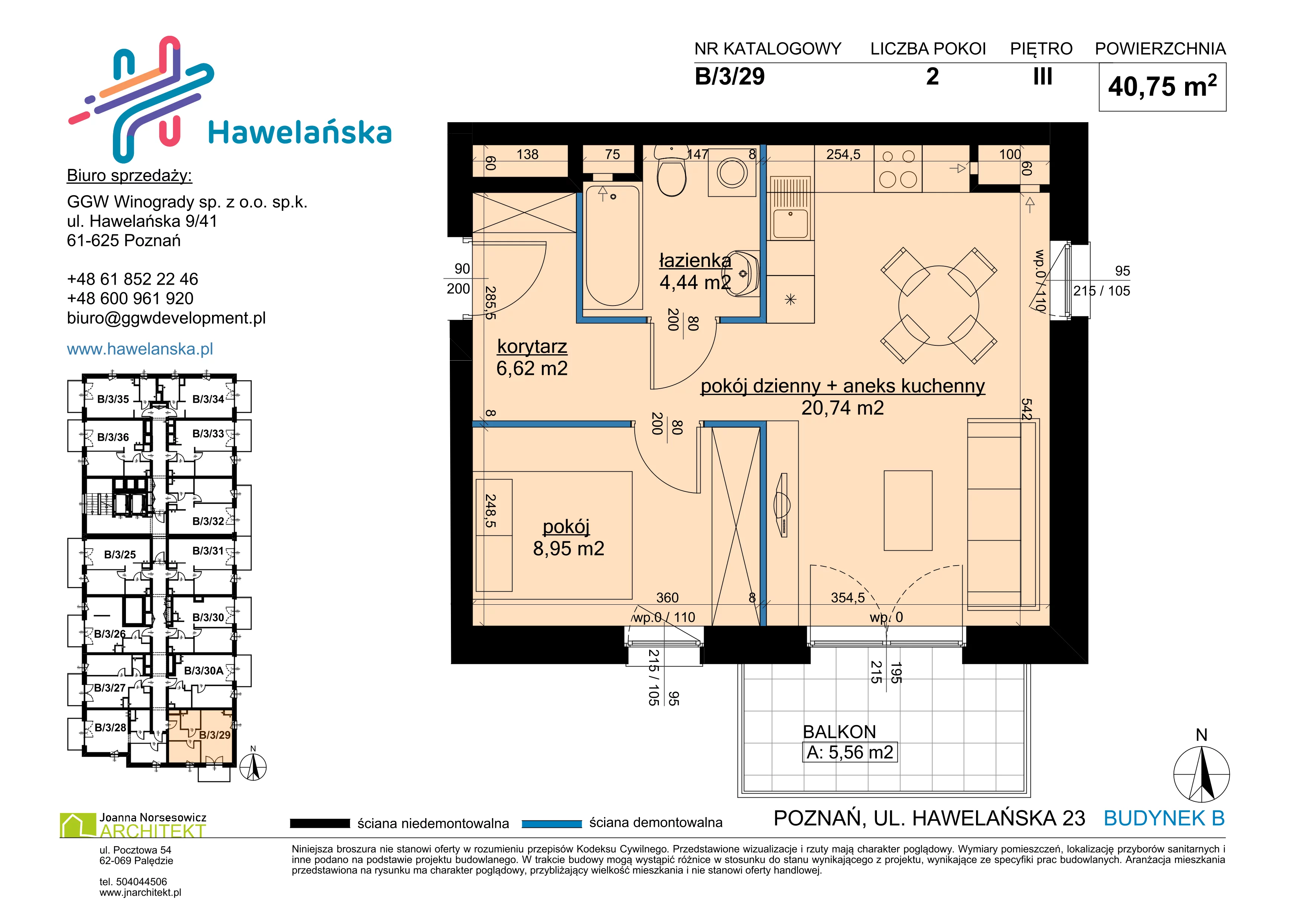 2 pokoje, mieszkanie 40,75 m², piętro 3, oferta nr B/3/29, Osiedle Hawelańska III etap, Poznań, Winogrady, ul. Hawelańska 25