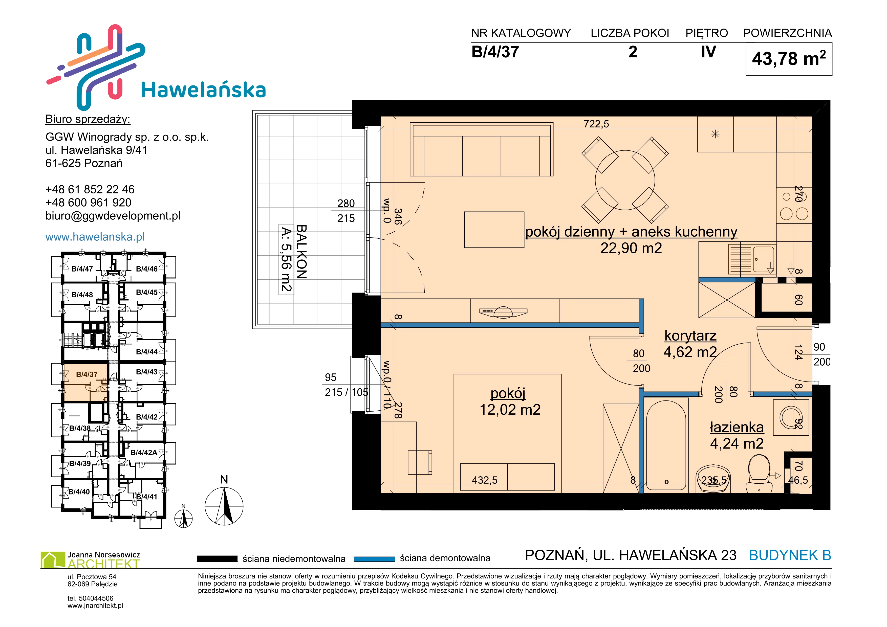2 pokoje, mieszkanie 43,78 m², piętro 4, oferta nr B/4/37, Osiedle Hawelańska III etap, Poznań, Winogrady, ul. Hawelańska 25