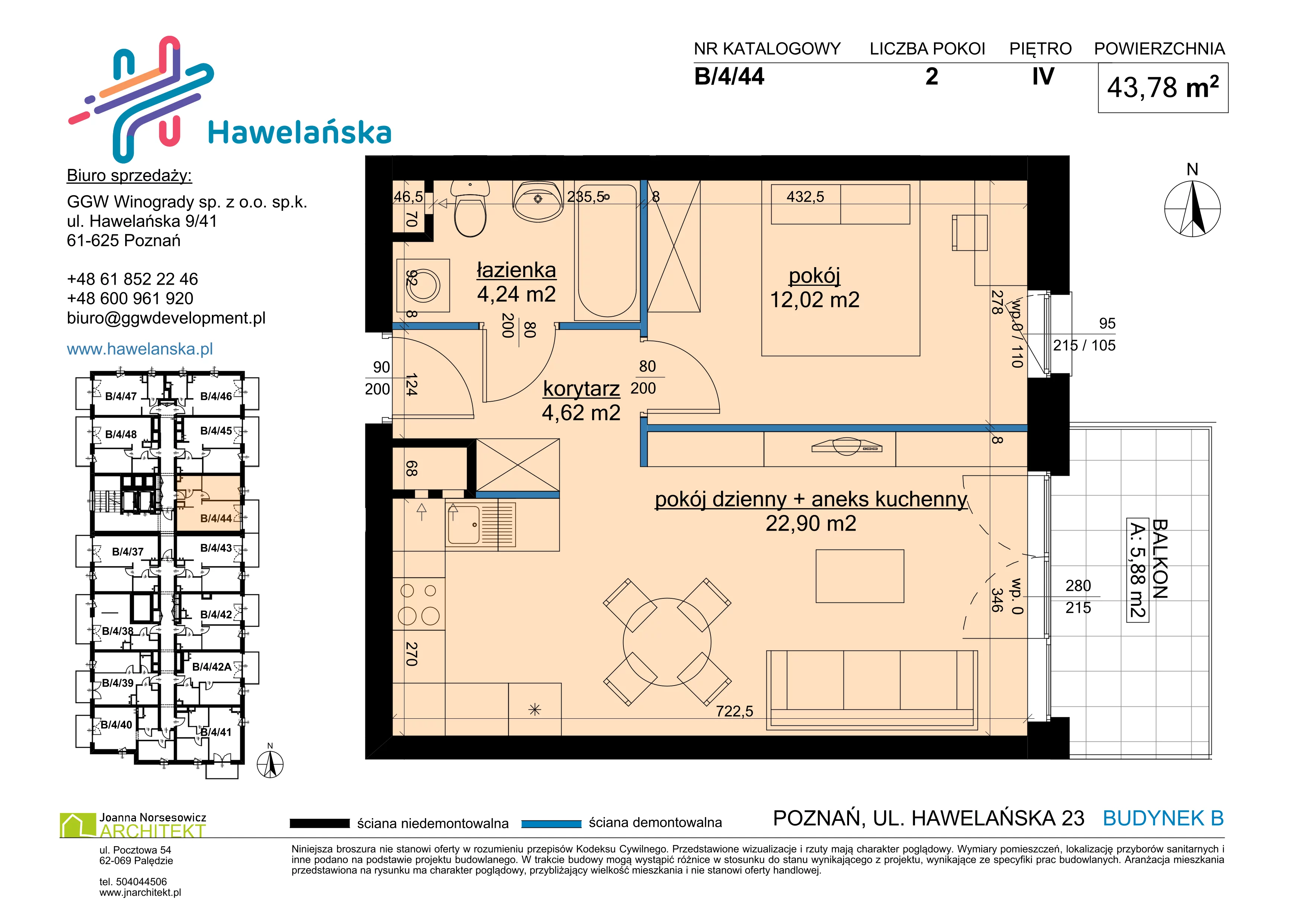 2 pokoje, mieszkanie 43,78 m², piętro 4, oferta nr B/4/44, Osiedle Hawelańska III etap, Poznań, Winogrady, ul. Hawelańska 25