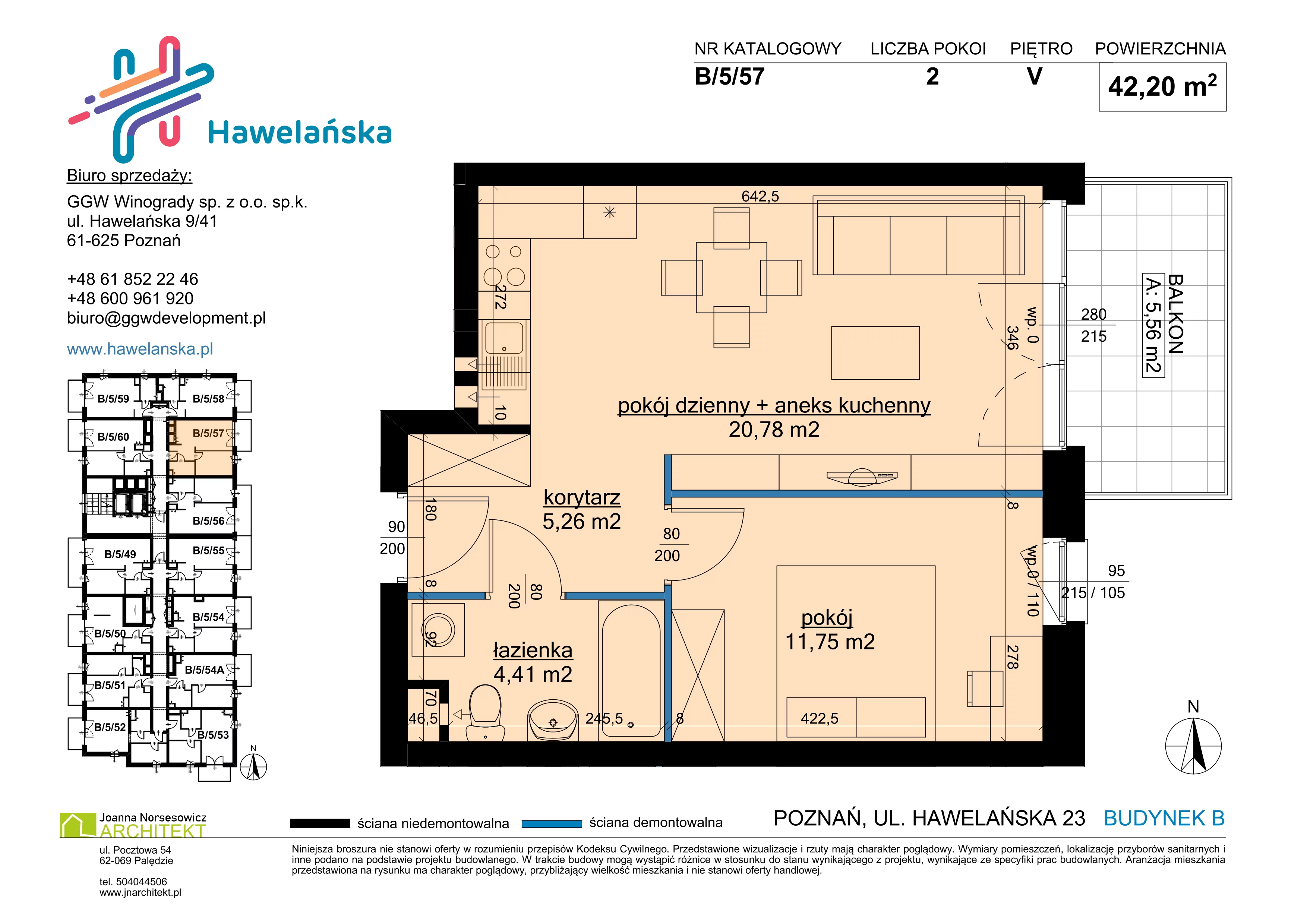 2 pokoje, mieszkanie 42,20 m², piętro 5, oferta nr B/5/57, Osiedle Hawelańska III etap, Poznań, Winogrady, ul. Hawelańska 25