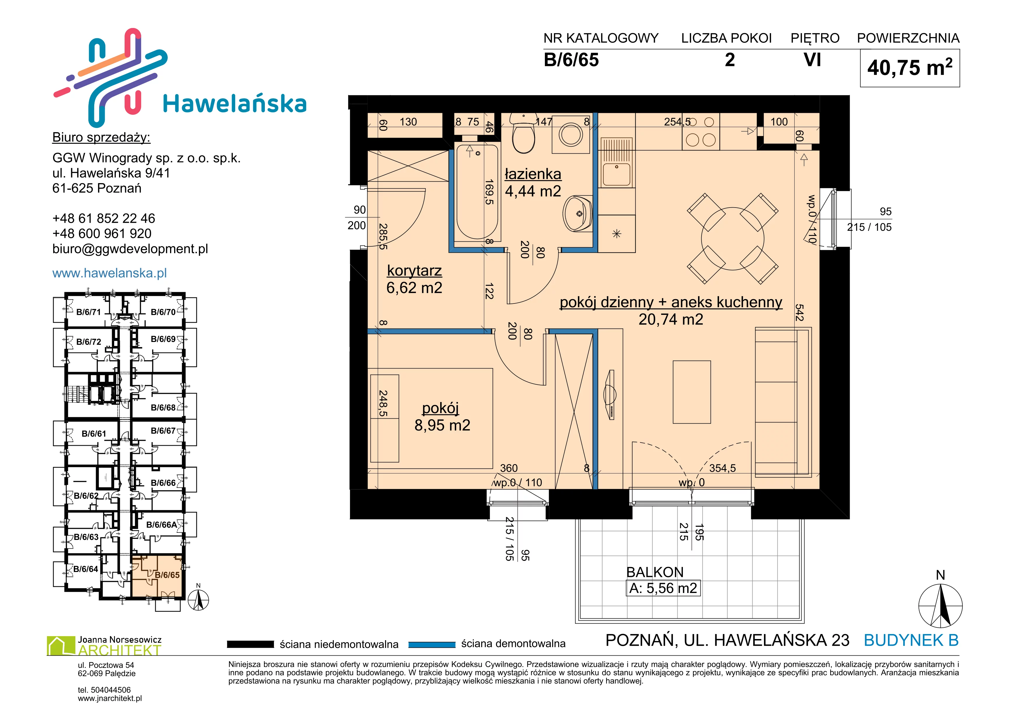2 pokoje, mieszkanie 40,75 m², piętro 6, oferta nr B/6/65, Osiedle Hawelańska III etap, Poznań, Winogrady, ul. Hawelańska 25