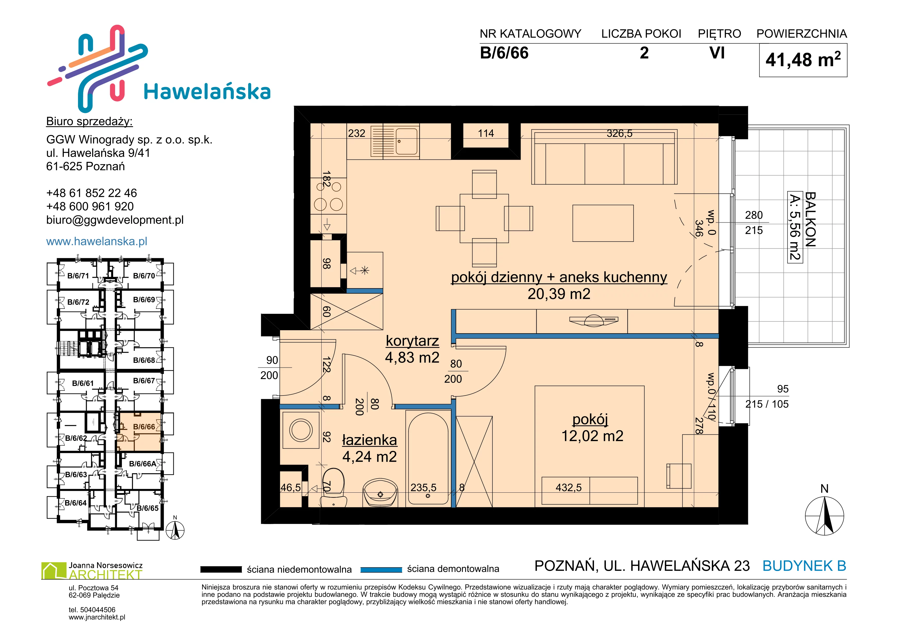 2 pokoje, mieszkanie 41,48 m², piętro 6, oferta nr B/6/66, Osiedle Hawelańska III etap, Poznań, Winogrady, ul. Hawelańska 25