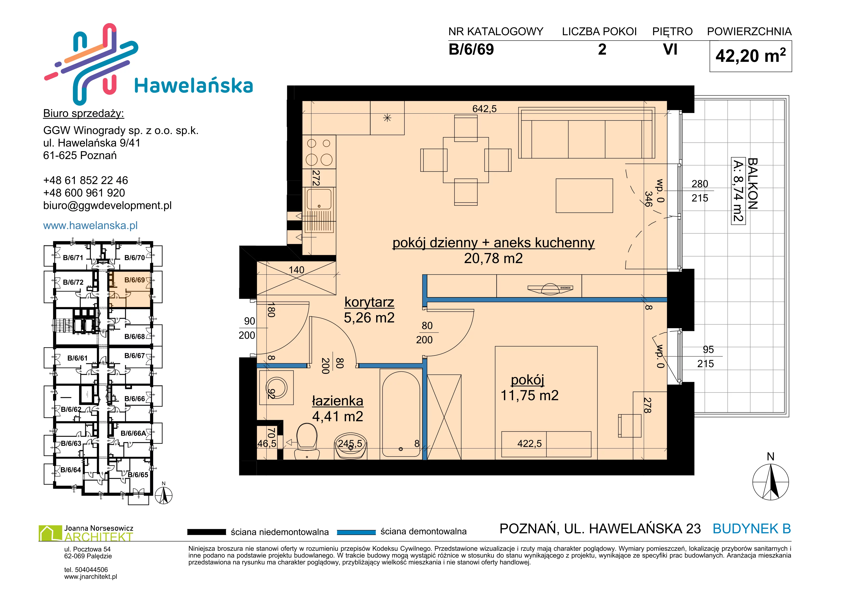 2 pokoje, mieszkanie 42,20 m², piętro 6, oferta nr B/6/69, Osiedle Hawelańska III etap, Poznań, Winogrady, ul. Hawelańska 25