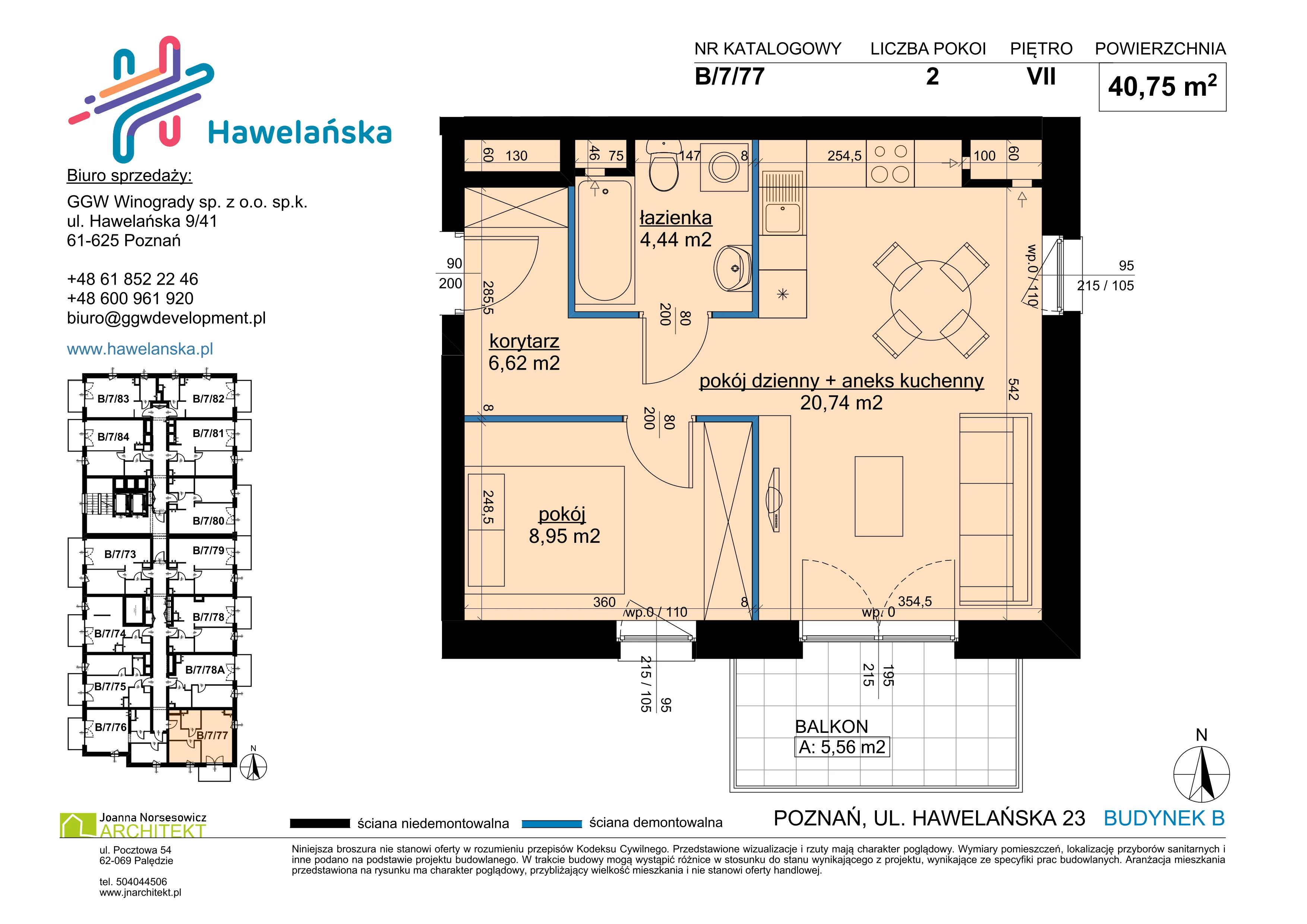 2 pokoje, mieszkanie 40,75 m², piętro 7, oferta nr B/7/77, Osiedle Hawelańska III etap, Poznań, Winogrady, ul. Hawelańska 25