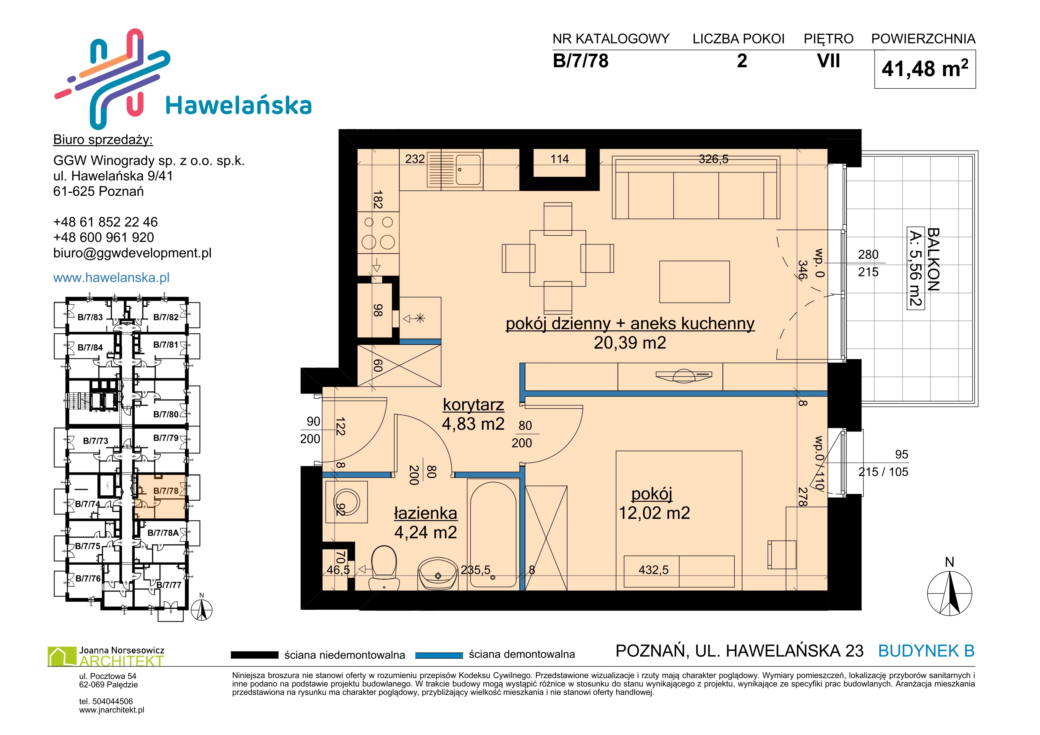 2 pokoje, mieszkanie 41,48 m², piętro 7, oferta nr B/7/78, Osiedle Hawelańska III etap, Poznań, Winogrady, ul. Hawelańska 25