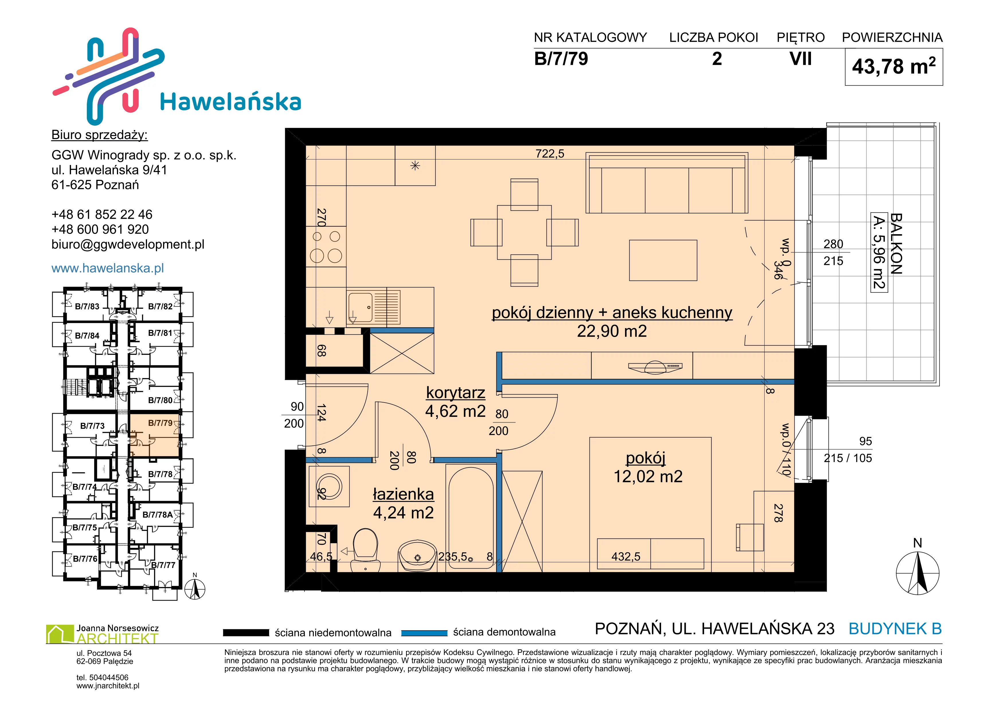 2 pokoje, mieszkanie 43,78 m², piętro 7, oferta nr B/7/79, Osiedle Hawelańska III etap, Poznań, Winogrady, ul. Hawelańska 25