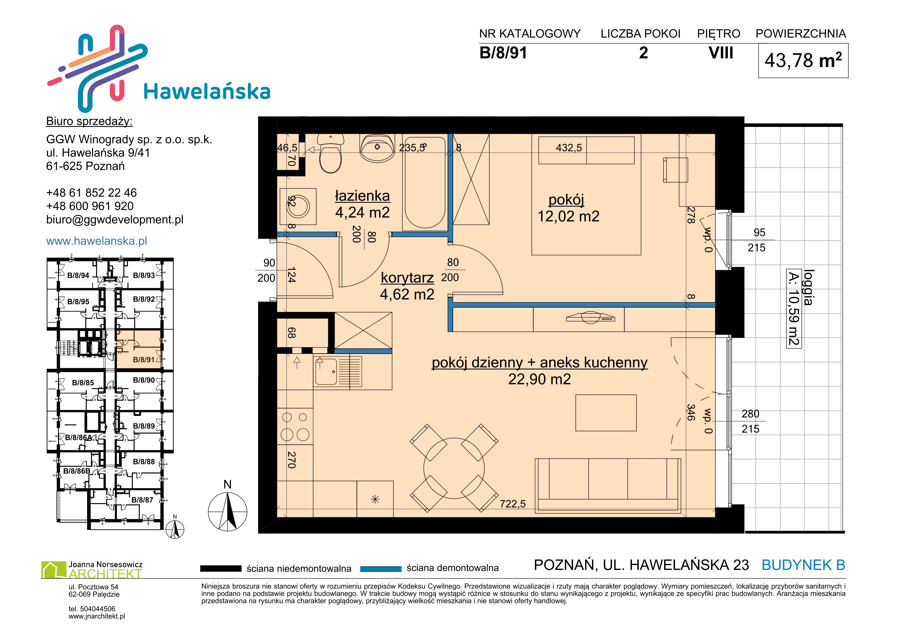 2 pokoje, mieszkanie 43,78 m², piętro 8, oferta nr B/8/91, Osiedle Hawelańska III etap, Poznań, Winogrady, ul. Hawelańska 25