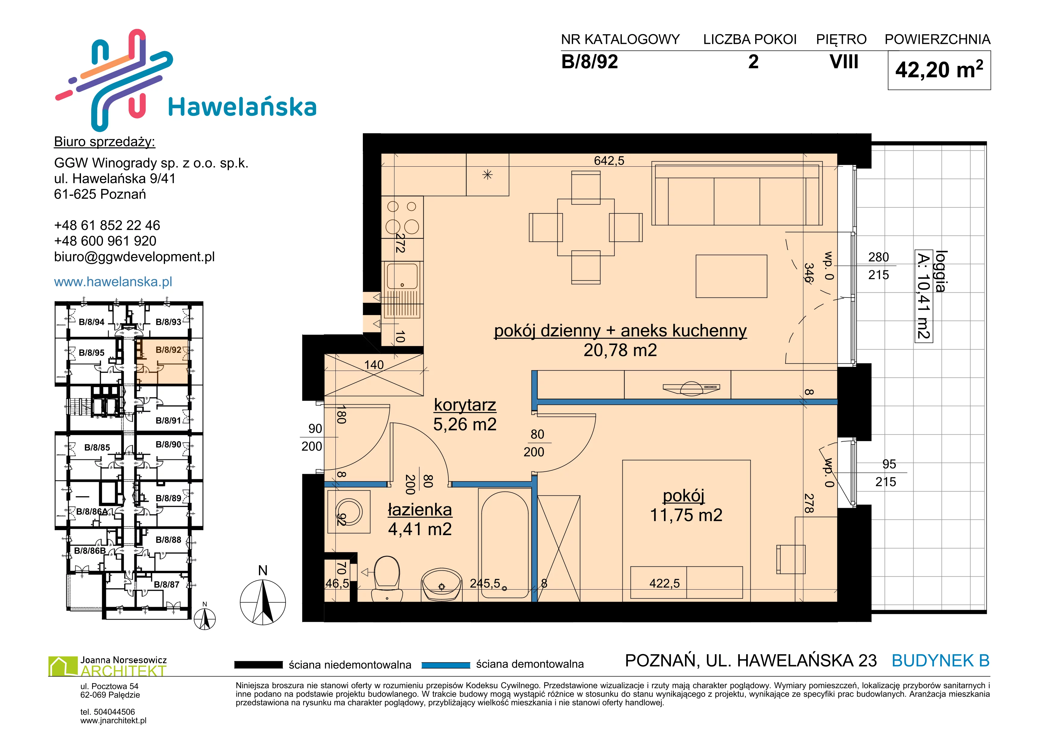 2 pokoje, mieszkanie 42,20 m², piętro 8, oferta nr B/8/92, Osiedle Hawelańska III etap, Poznań, Winogrady, ul. Hawelańska 25
