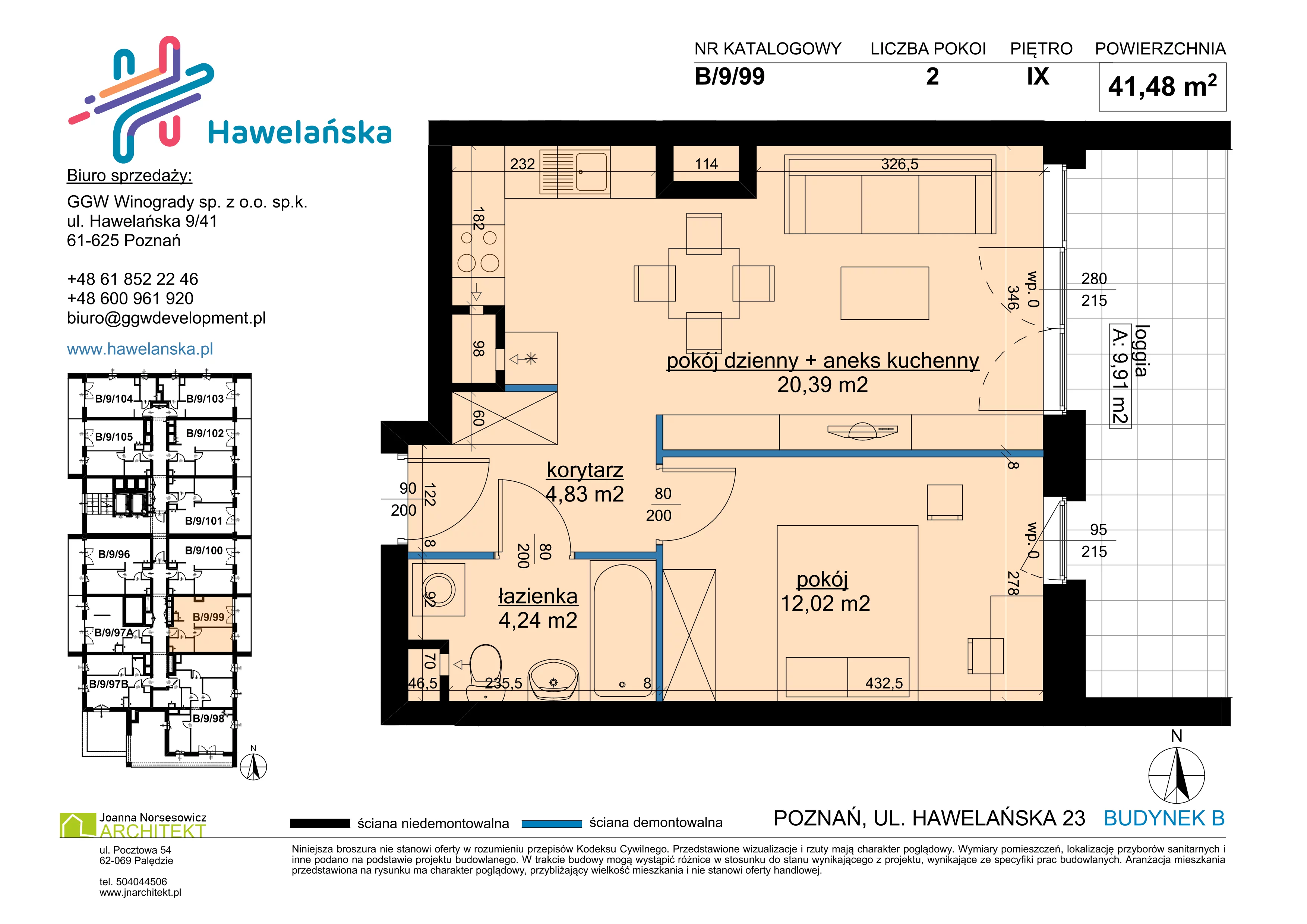 2 pokoje, mieszkanie 41,48 m², piętro 9, oferta nr B/9/99, Osiedle Hawelańska III etap, Poznań, Winogrady, ul. Hawelańska 25