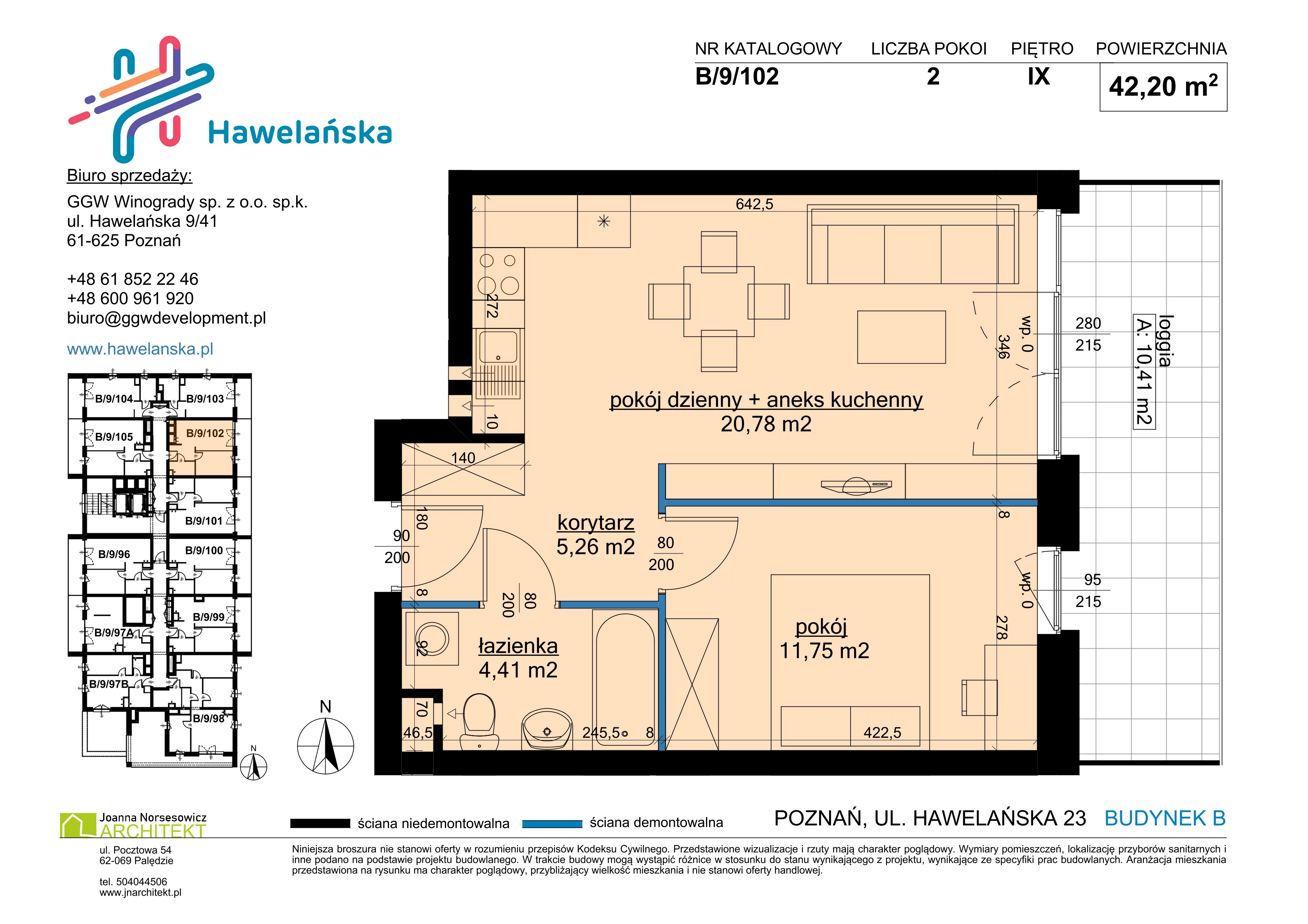 2 pokoje, mieszkanie 42,20 m², piętro 9, oferta nr B/9/102, Osiedle Hawelańska III etap, Poznań, Winogrady, ul. Hawelańska 25