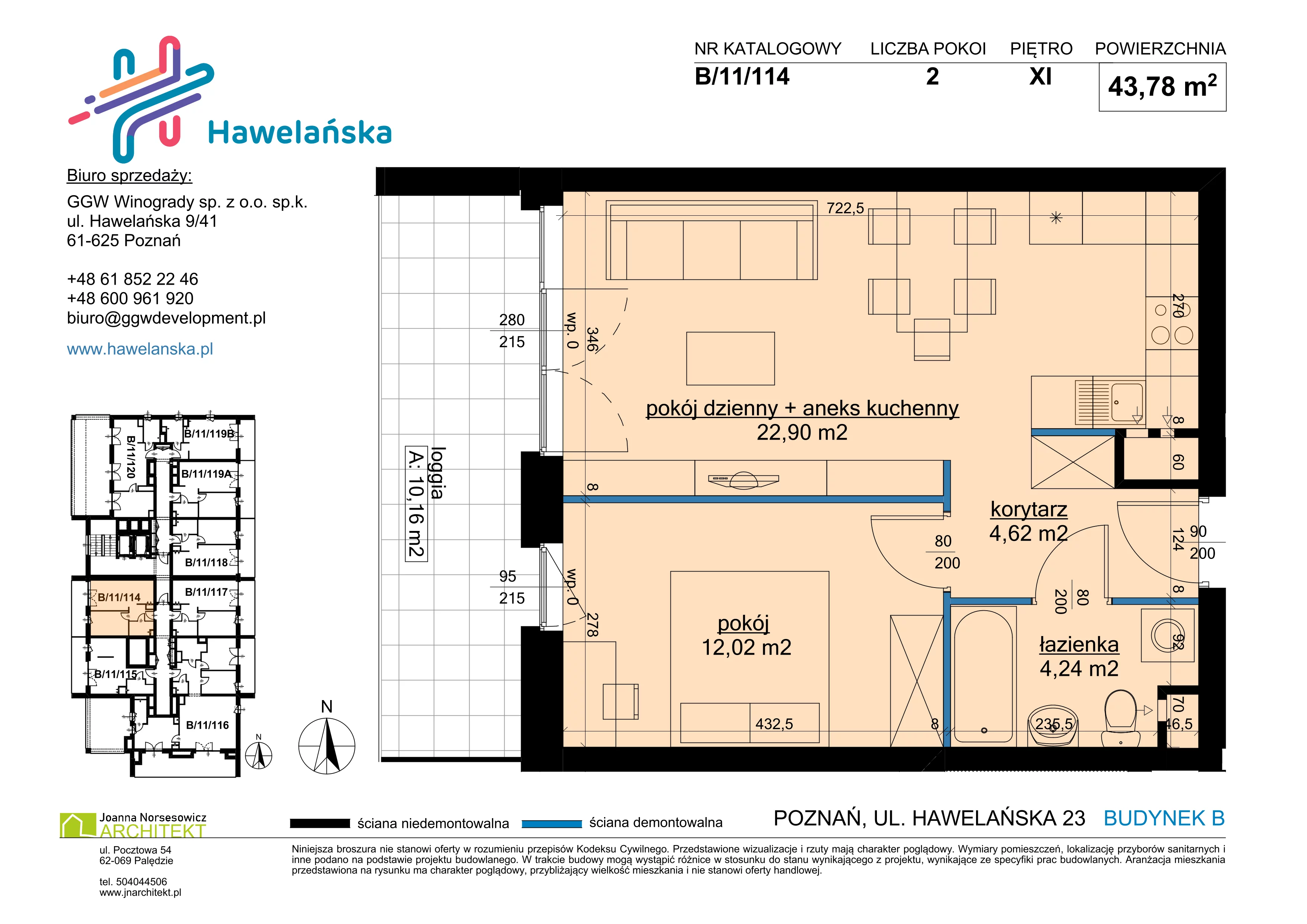 2 pokoje, mieszkanie 43,78 m², piętro 11, oferta nr B/11/114, Osiedle Hawelańska III etap, Poznań, Winogrady, ul. Hawelańska 25