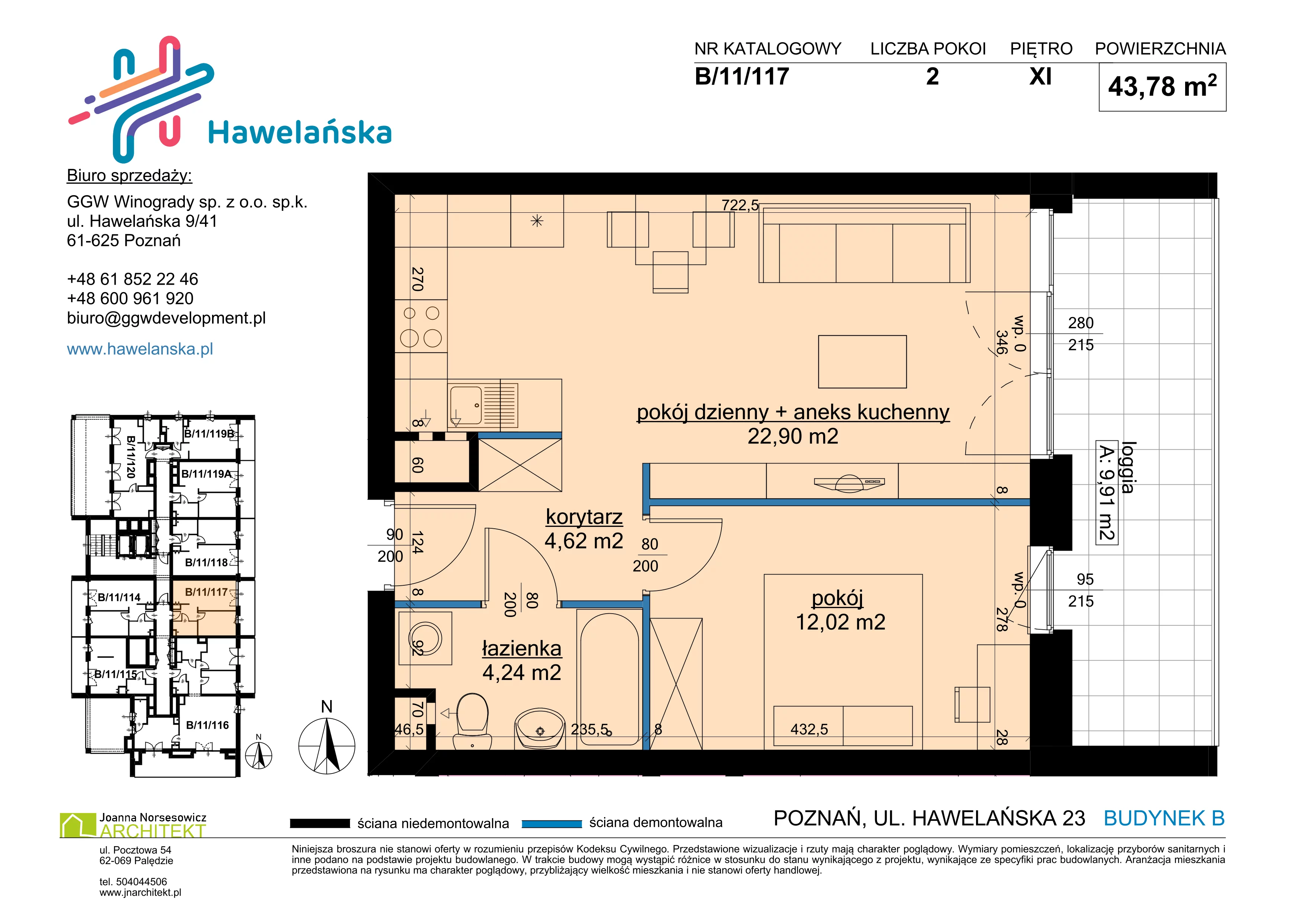 2 pokoje, mieszkanie 43,78 m², piętro 11, oferta nr B/11/117, Osiedle Hawelańska III etap, Poznań, Winogrady, ul. Hawelańska 25