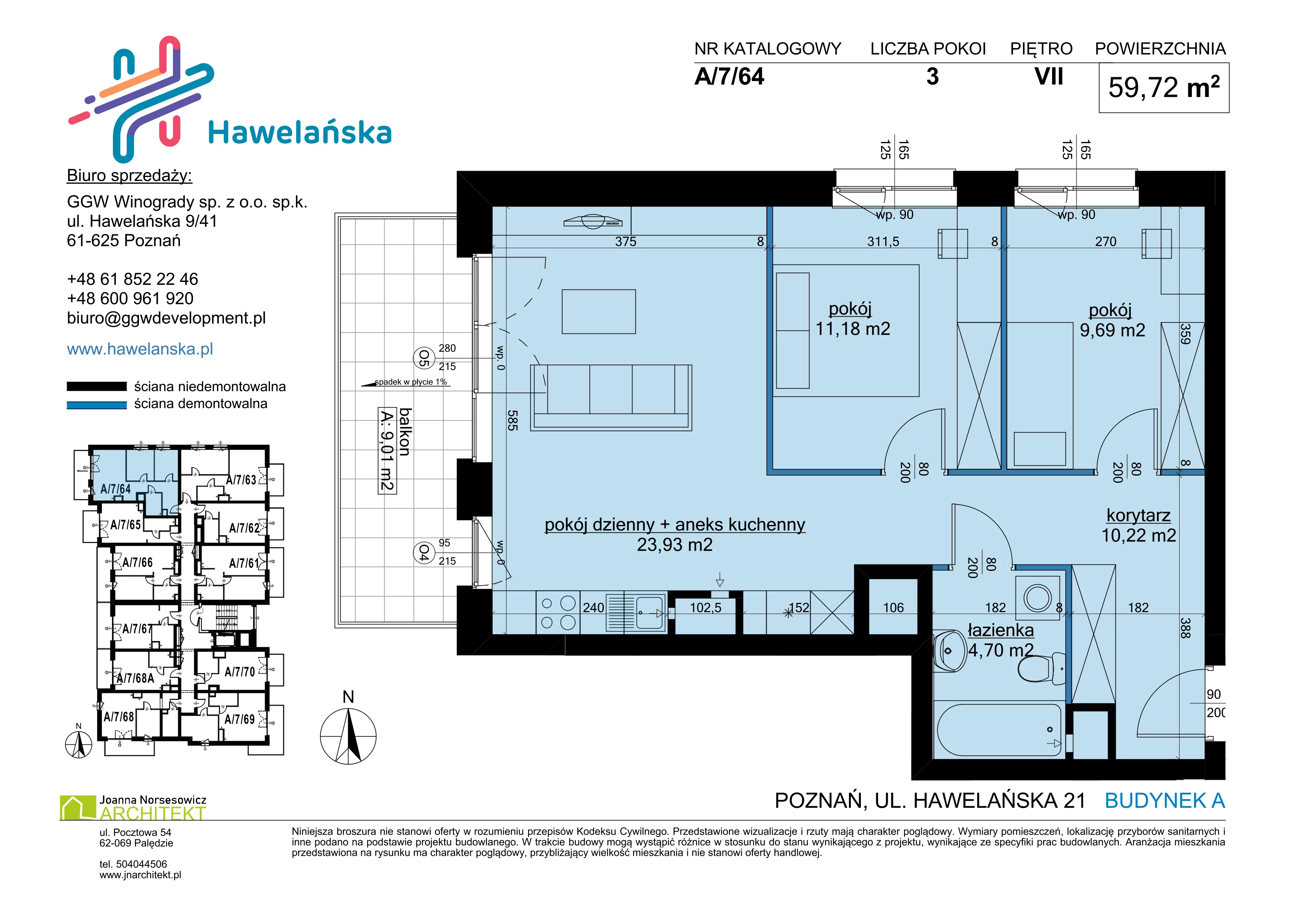 3 pokoje, mieszkanie 59,72 m², piętro 7, oferta nr A/7/64, Osiedle Hawelańska III etap, Poznań, Winogrady, ul. Hawelańska 25