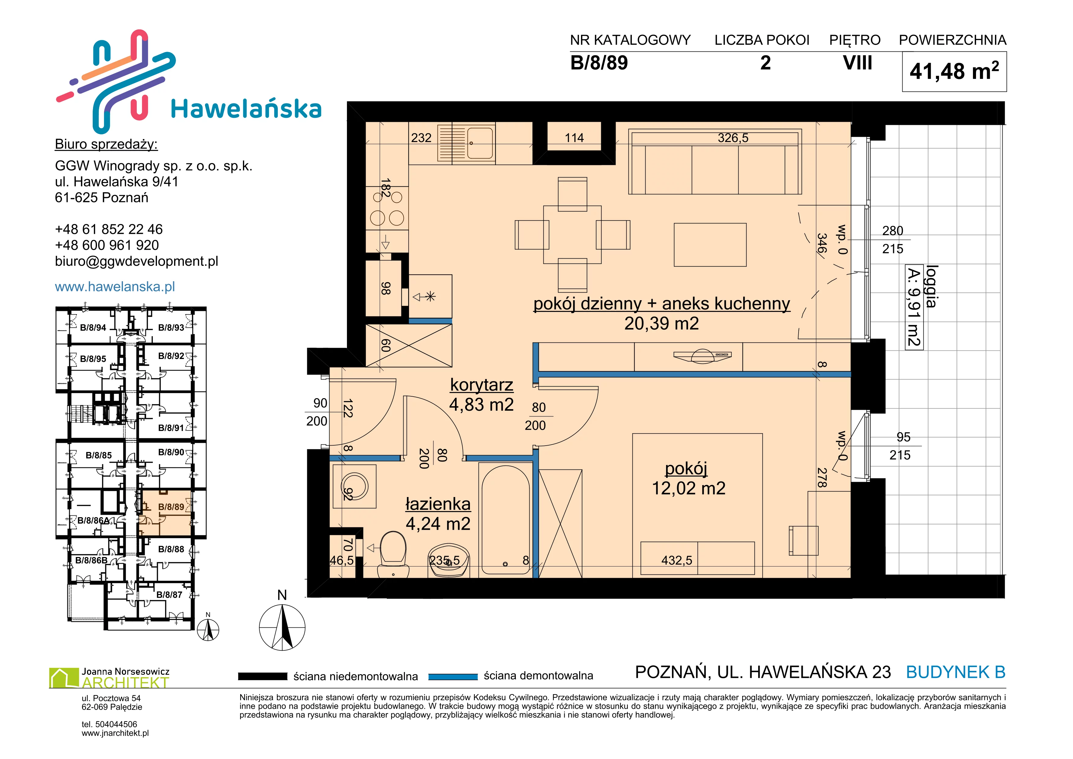 3 pokoje, mieszkanie 41,42 m², piętro 8, oferta nr B/8/89, Osiedle Hawelańska III etap, Poznań, Winogrady, ul. Hawelańska 25