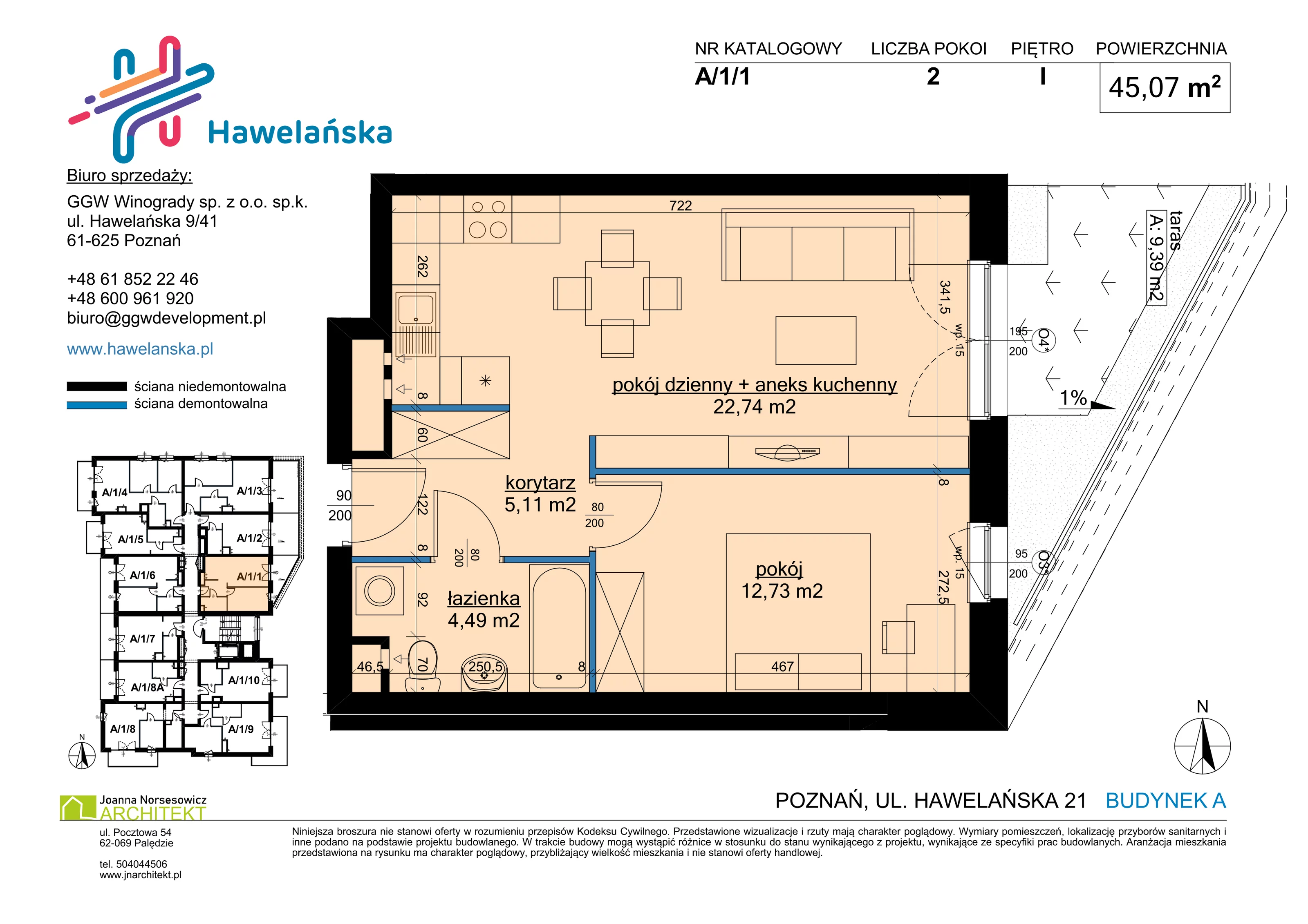 2 pokoje, mieszkanie 45,07 m², piętro 1, oferta nr A/1/1, Osiedle Hawelańska III etap, Poznań, Winogrady, ul. Hawelańska 25