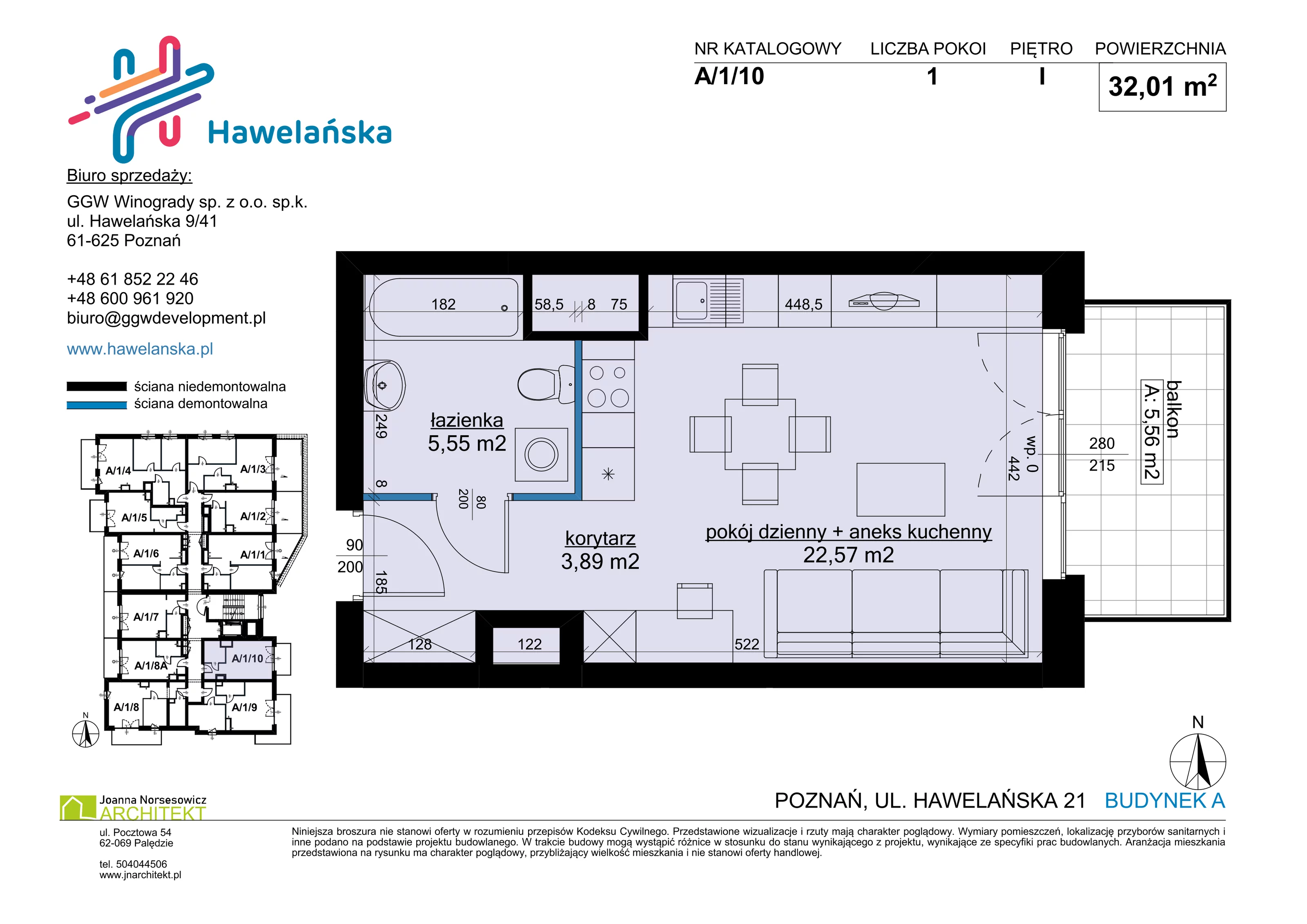 1 pokój, mieszkanie 32,01 m², piętro 1, oferta nr A/1/10, Osiedle Hawelańska III etap, Poznań, Winogrady, ul. Hawelańska 25