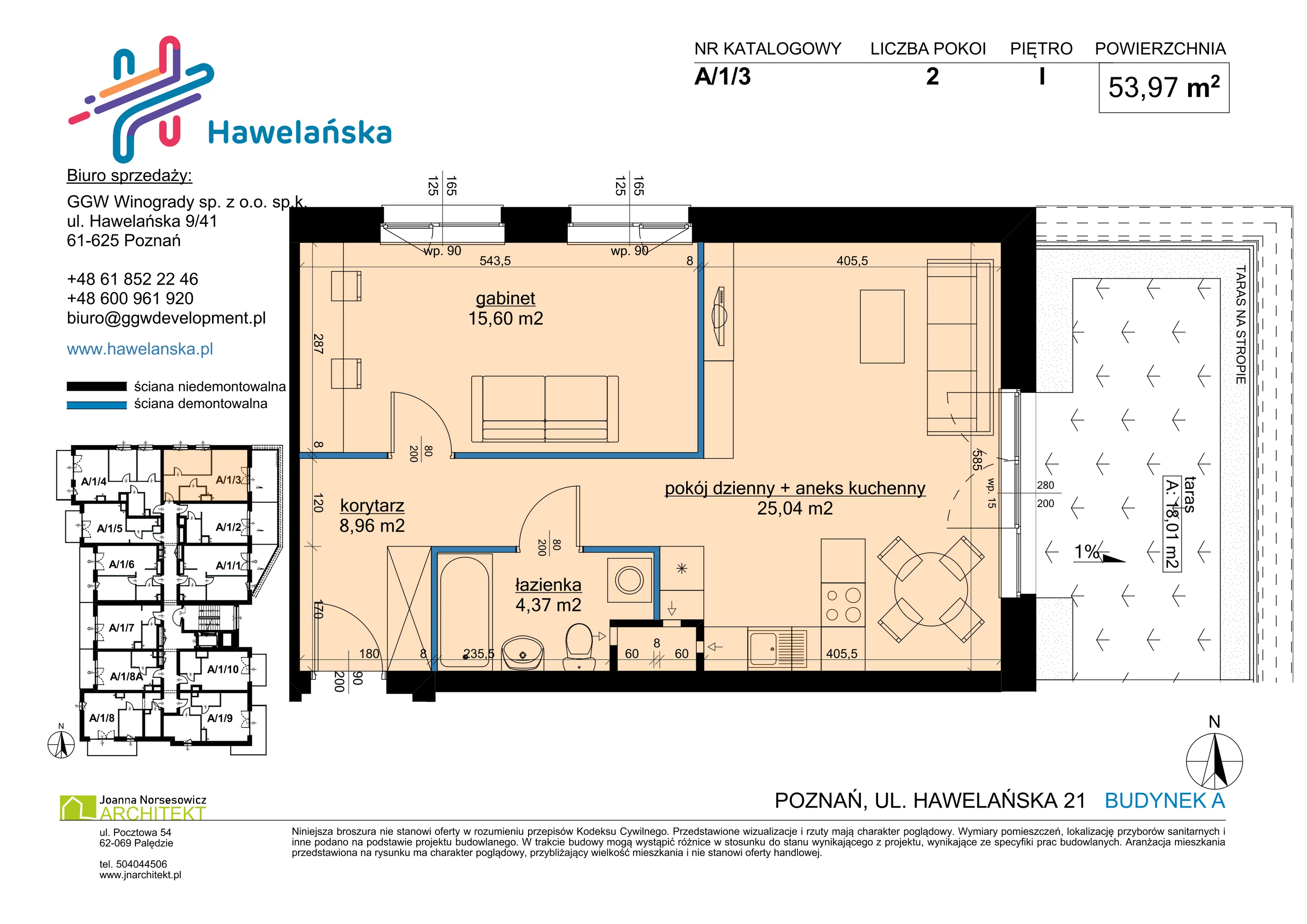 2 pokoje, mieszkanie 53,97 m², piętro 1, oferta nr A/1/3, Osiedle Hawelańska III etap, Poznań, Winogrady, ul. Hawelańska 25