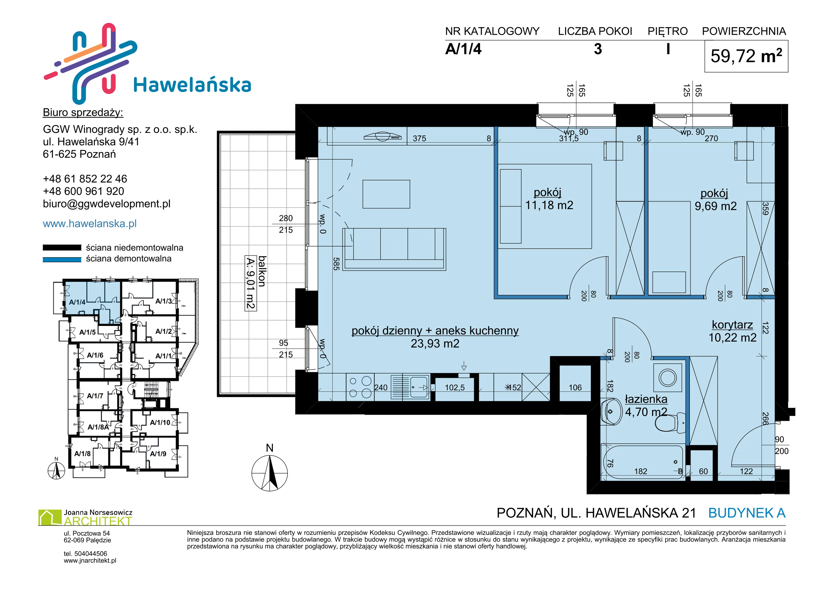 3 pokoje, mieszkanie 59,72 m², piętro 1, oferta nr A/1/4, Osiedle Hawelańska III etap, Poznań, Winogrady, ul. Hawelańska 25