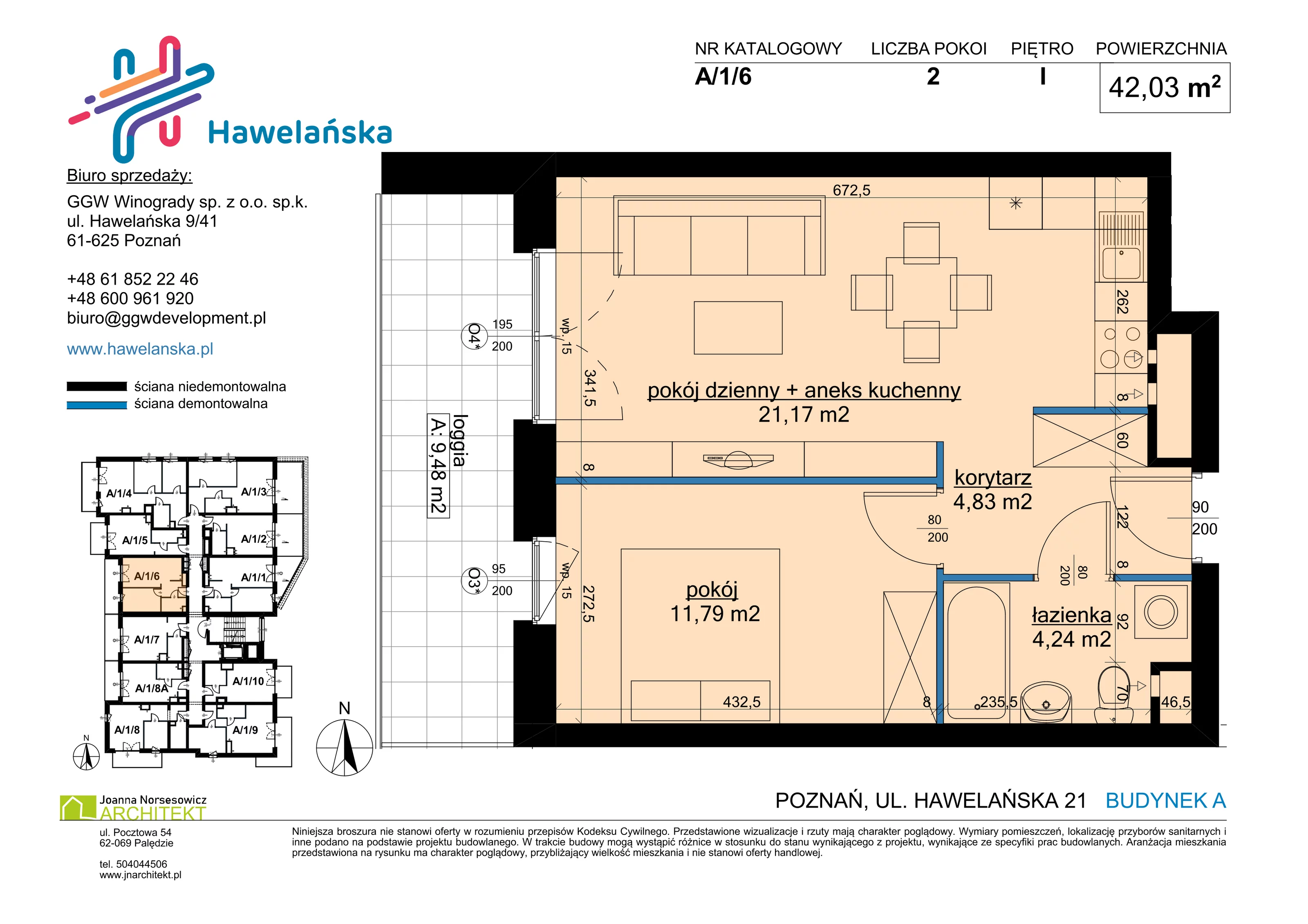 2 pokoje, mieszkanie 42,03 m², piętro 1, oferta nr A/1/6, Osiedle Hawelańska III etap, Poznań, Winogrady, ul. Hawelańska 25