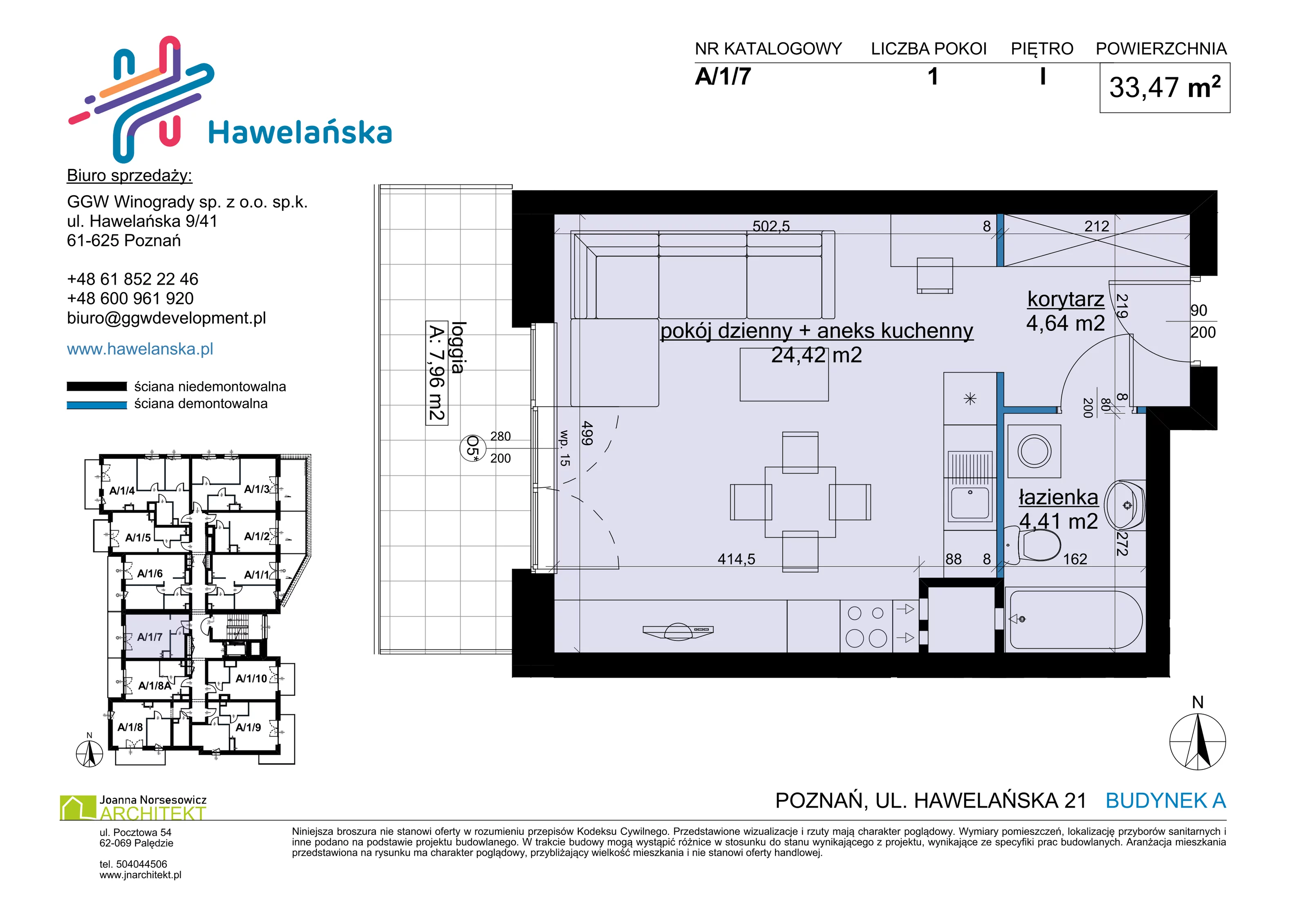 1 pokój, mieszkanie 33,47 m², piętro 1, oferta nr A/1/7, Osiedle Hawelańska III etap, Poznań, Winogrady, ul. Hawelańska 25