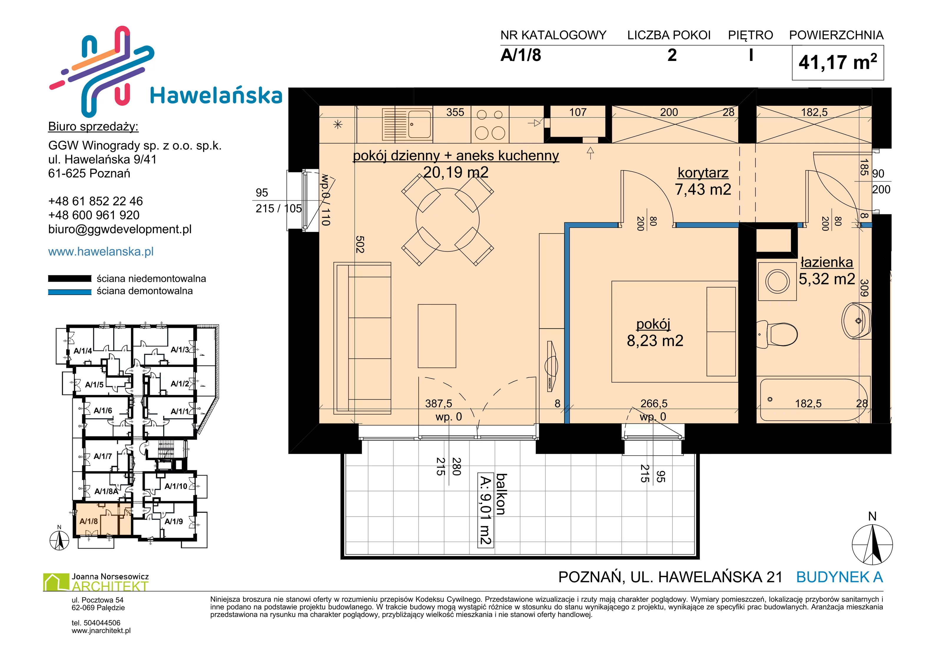 2 pokoje, mieszkanie 41,17 m², piętro 1, oferta nr A/1/8, Osiedle Hawelańska III etap, Poznań, Winogrady, ul. Hawelańska 25