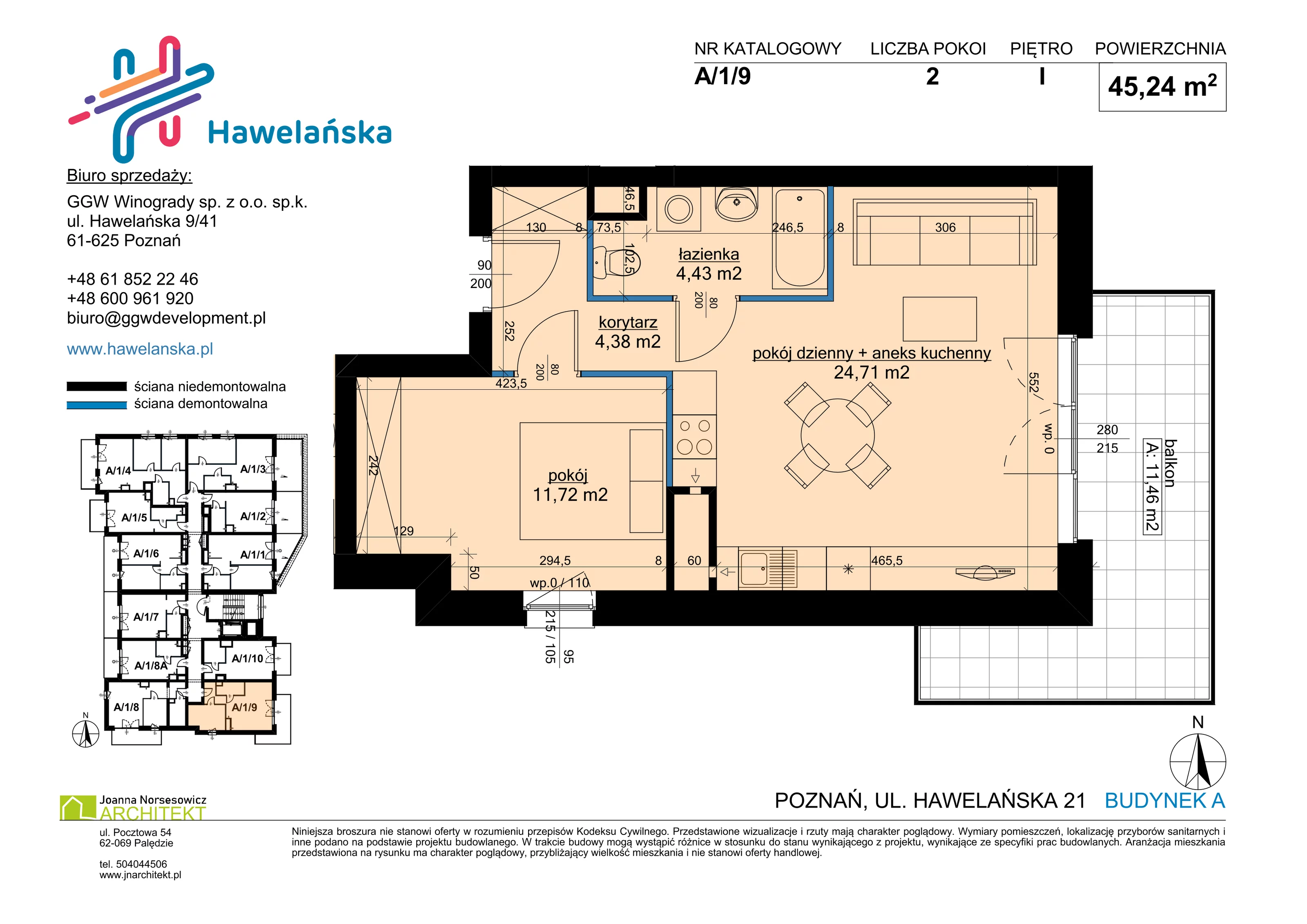 2 pokoje, mieszkanie 45,24 m², piętro 1, oferta nr A/1/9, Osiedle Hawelańska III etap, Poznań, Winogrady, ul. Hawelańska 25