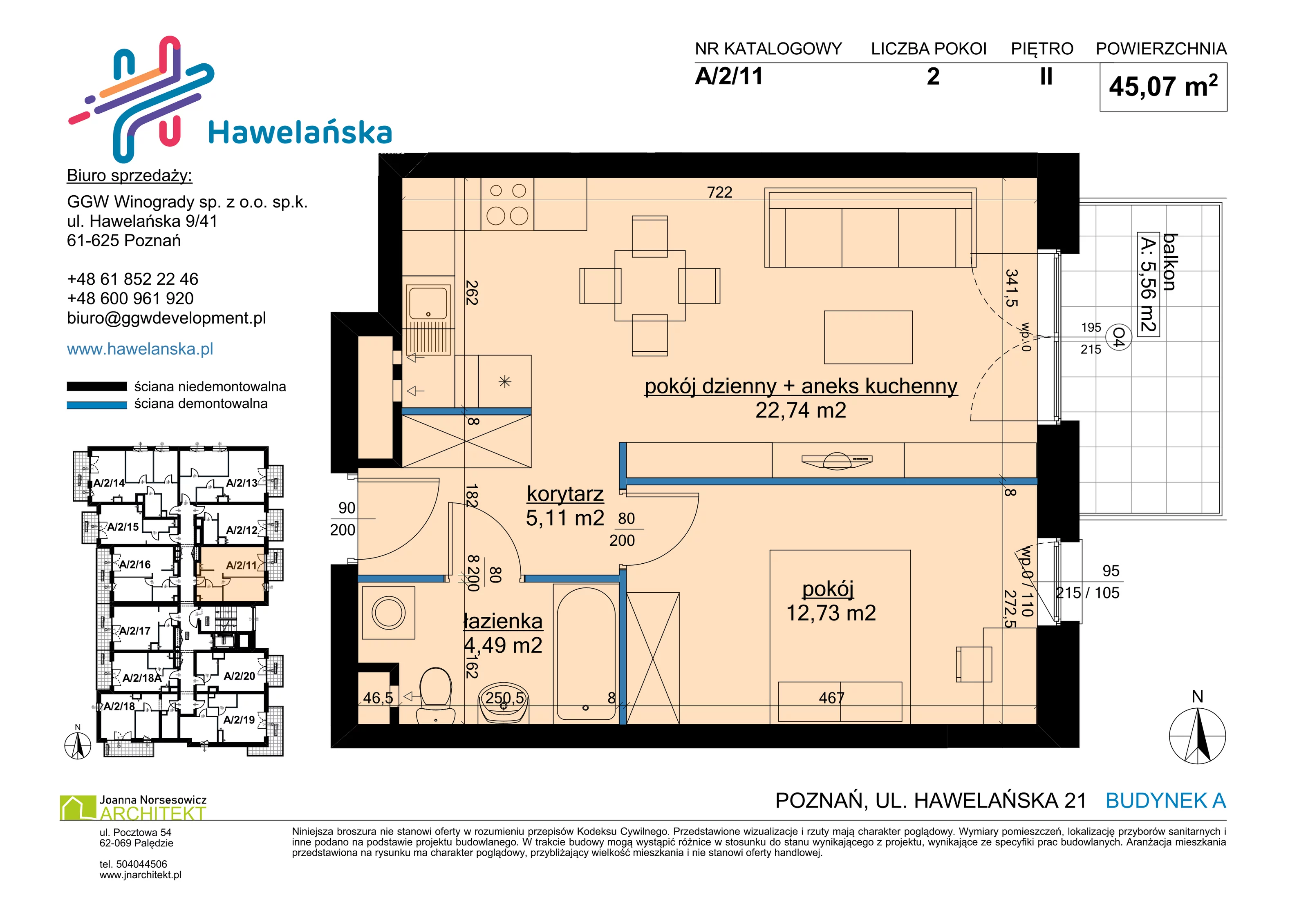 2 pokoje, mieszkanie 45,07 m², piętro 2, oferta nr A/2/11, Osiedle Hawelańska III etap, Poznań, Winogrady, ul. Hawelańska 25