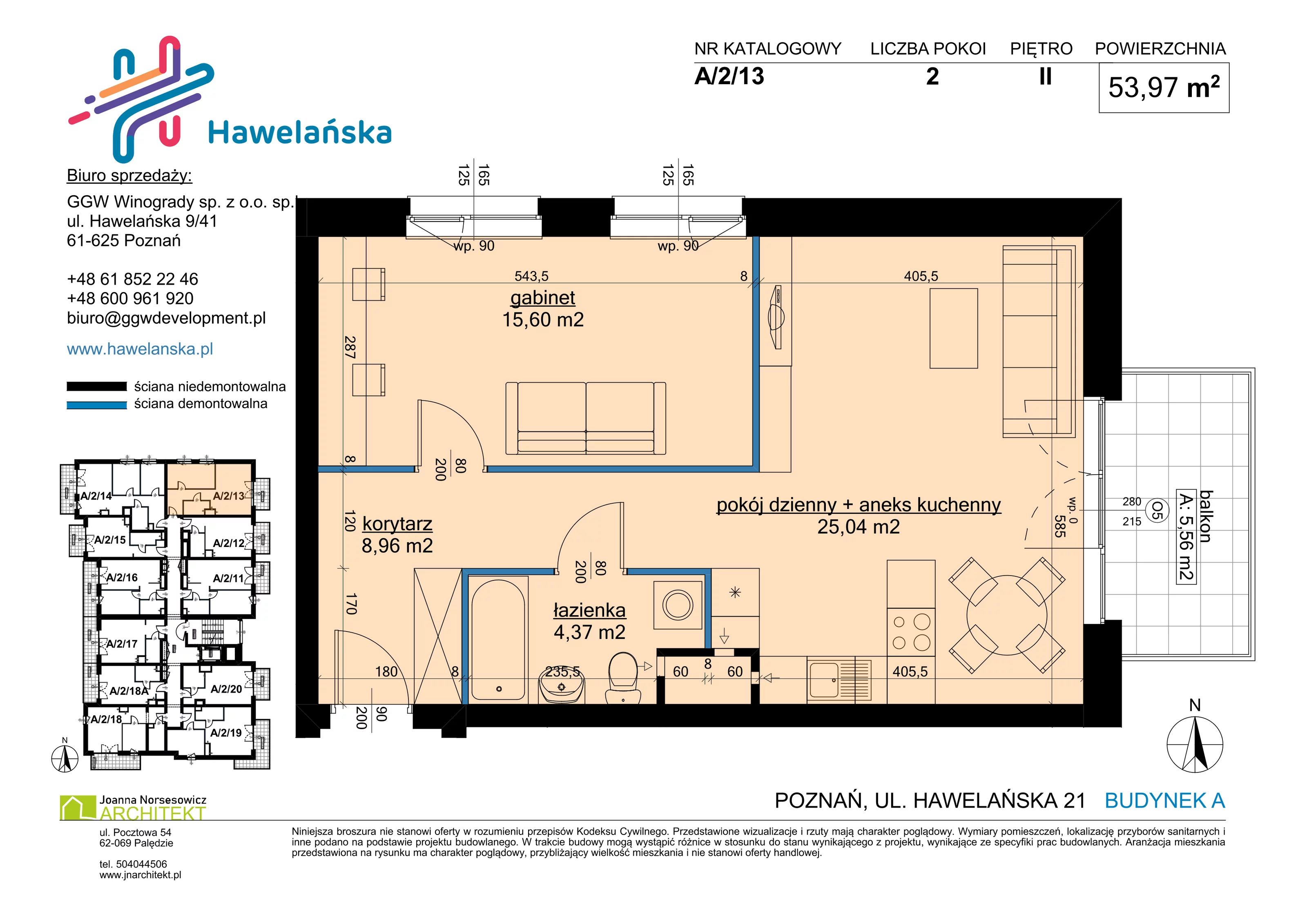 2 pokoje, mieszkanie 53,97 m², piętro 2, oferta nr A/2/13, Osiedle Hawelańska III etap, Poznań, Winogrady, ul. Hawelańska 25