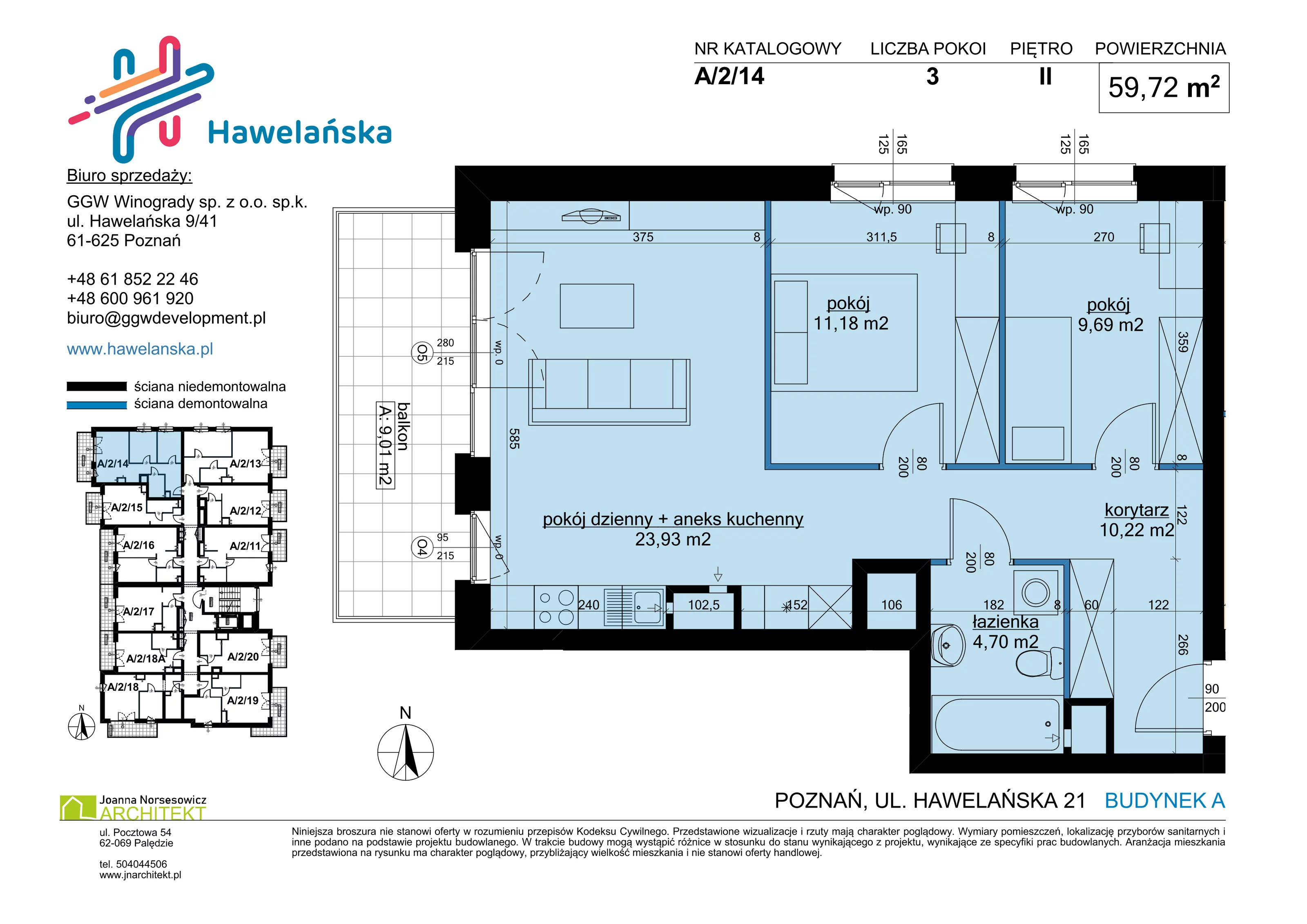 3 pokoje, mieszkanie 59,72 m², piętro 2, oferta nr A/2/14, Osiedle Hawelańska III etap, Poznań, Winogrady, ul. Hawelańska 25