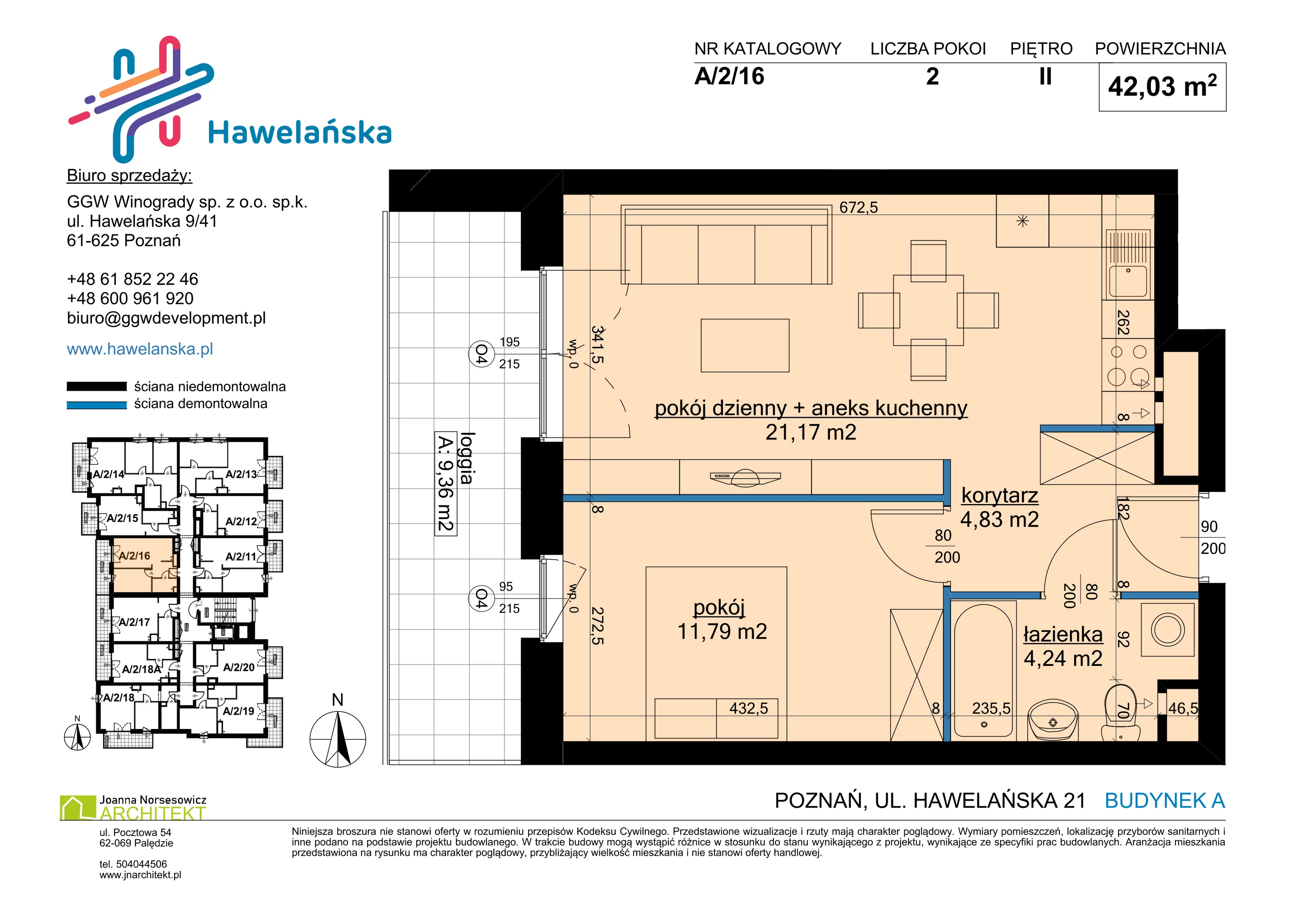 2 pokoje, mieszkanie 42,03 m², piętro 2, oferta nr A/2/16, Osiedle Hawelańska III etap, Poznań, Winogrady, ul. Hawelańska 25