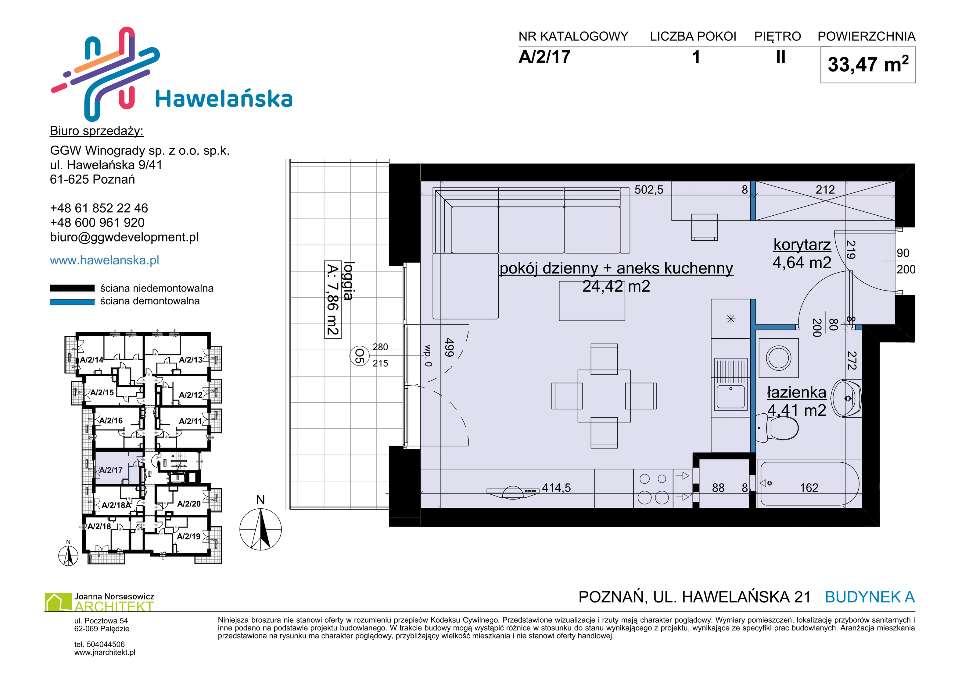 1 pokój, mieszkanie 33,47 m², piętro 2, oferta nr A/2/17, Osiedle Hawelańska III etap, Poznań, Winogrady, ul. Hawelańska 25