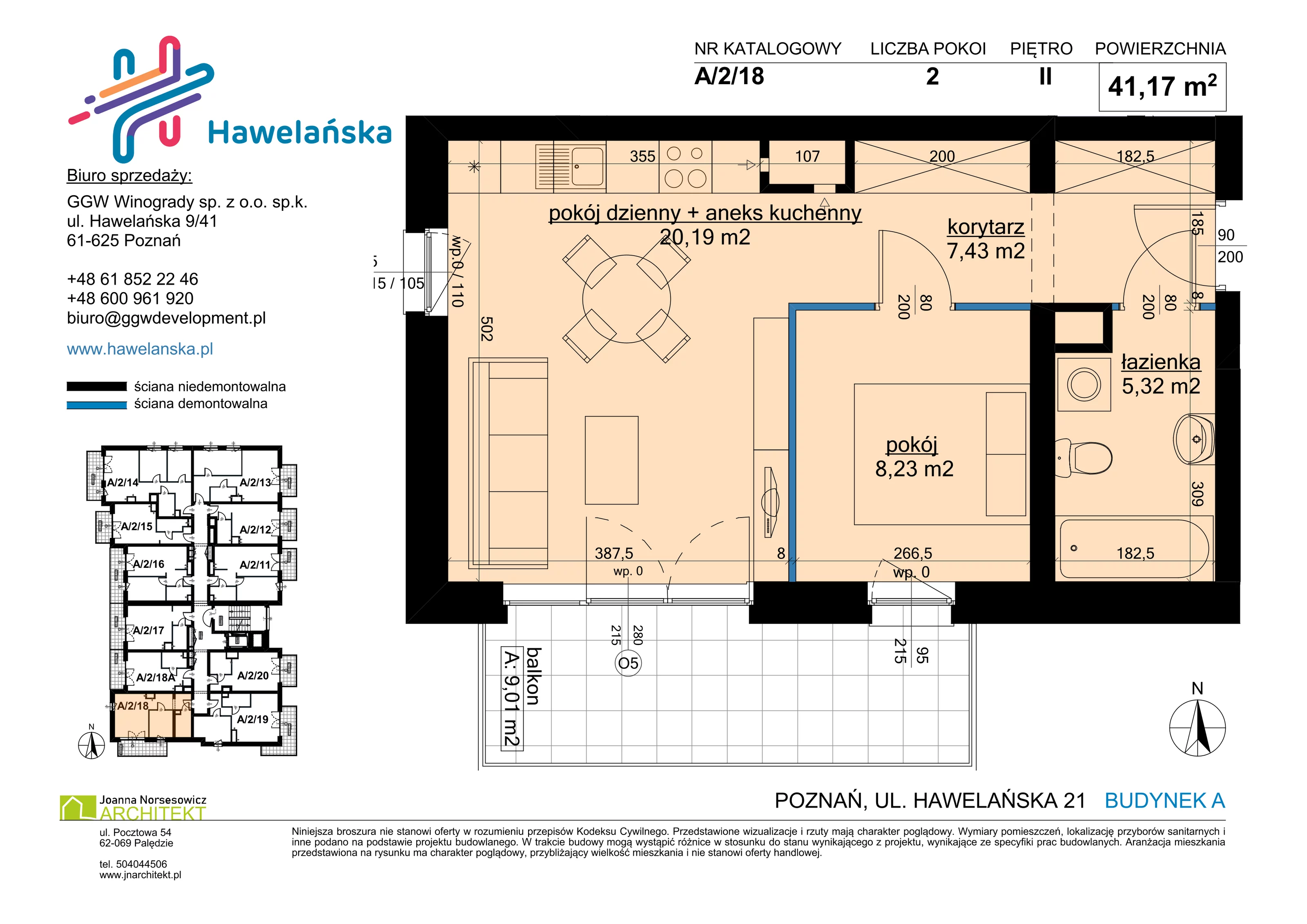 2 pokoje, mieszkanie 41,17 m², piętro 2, oferta nr A/2/18, Osiedle Hawelańska III etap, Poznań, Winogrady, ul. Hawelańska 25