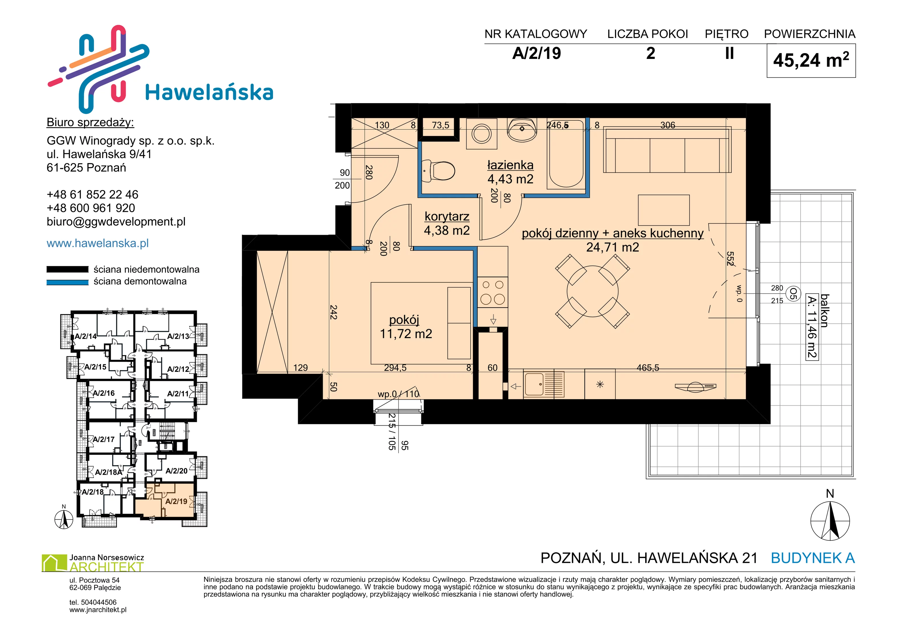 2 pokoje, mieszkanie 45,24 m², piętro 2, oferta nr A/2/19, Osiedle Hawelańska III etap, Poznań, Winogrady, ul. Hawelańska 25