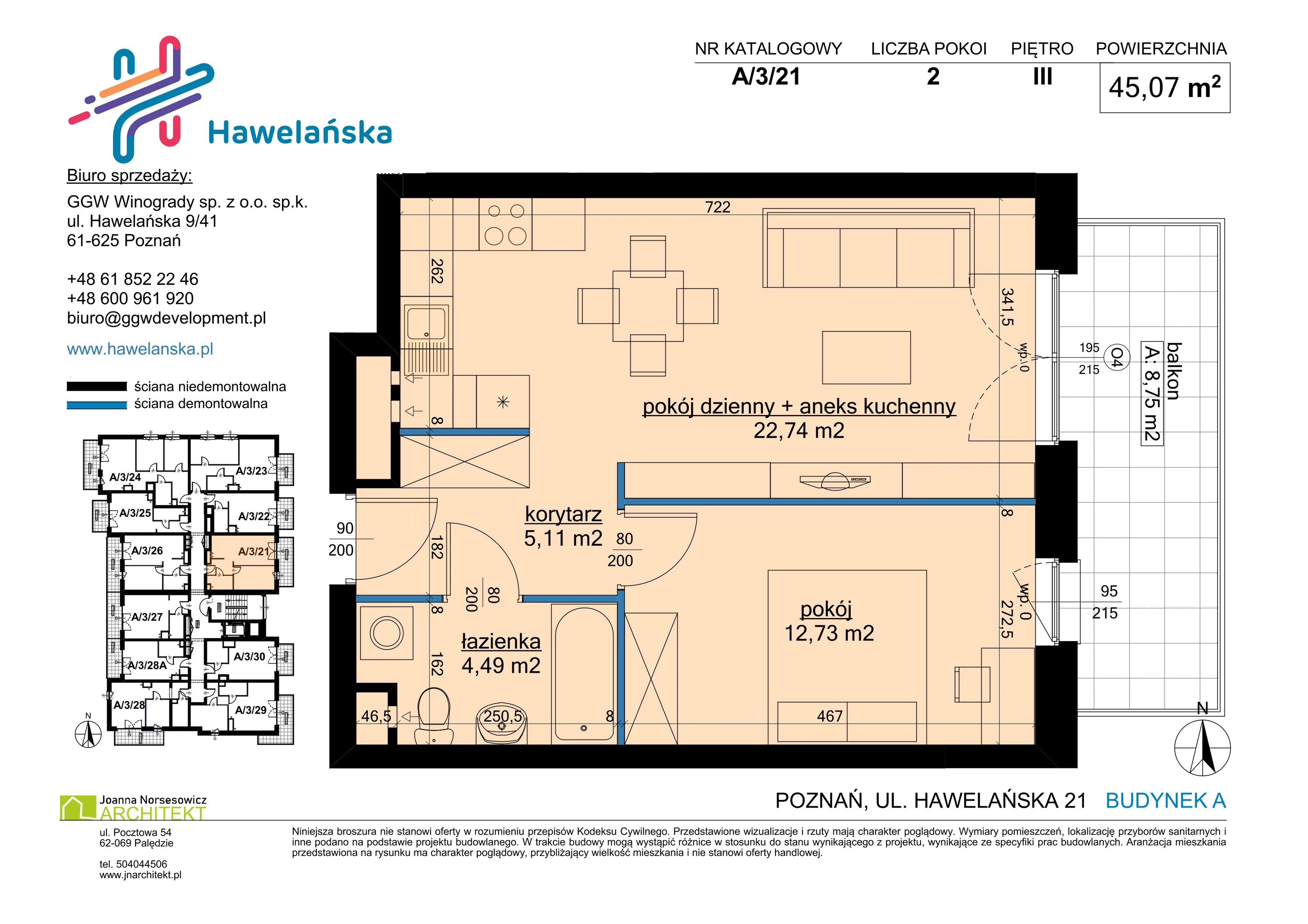 2 pokoje, mieszkanie 45,07 m², piętro 3, oferta nr A/3/21, Osiedle Hawelańska III etap, Poznań, Winogrady, ul. Hawelańska 25