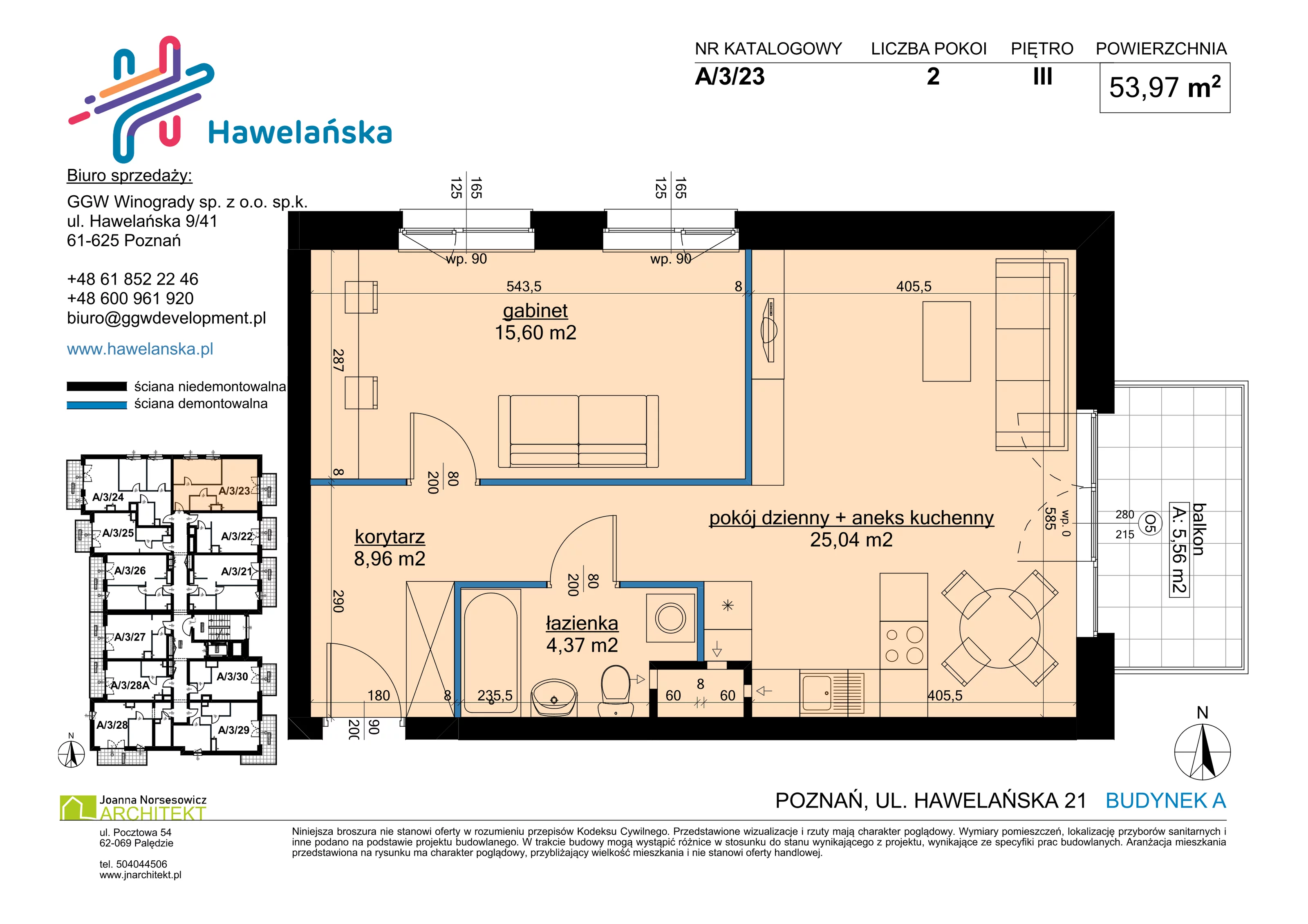 2 pokoje, mieszkanie 53,97 m², piętro 3, oferta nr A/3/23, Osiedle Hawelańska III etap, Poznań, Winogrady, ul. Hawelańska 25