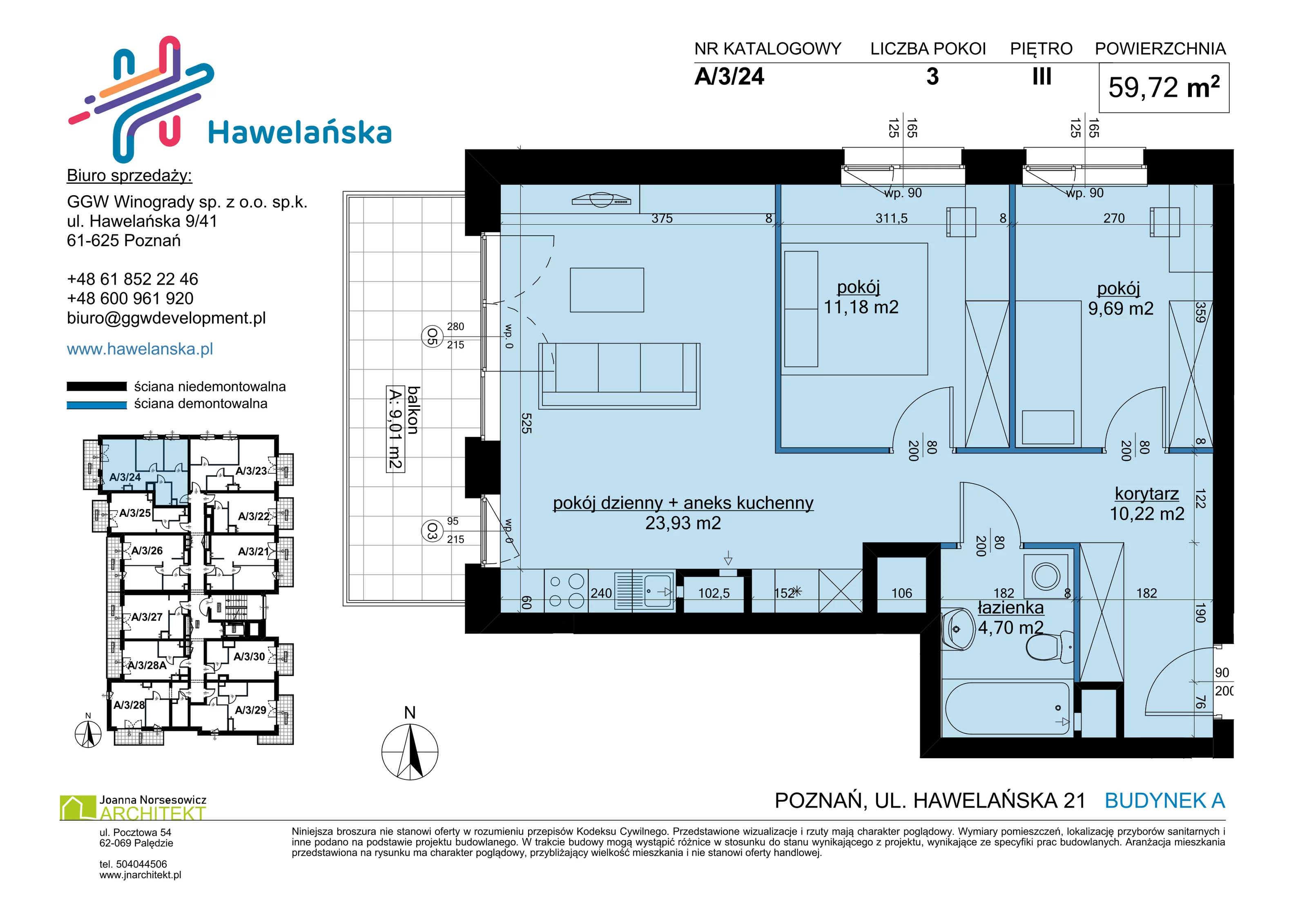 3 pokoje, mieszkanie 59,72 m², piętro 3, oferta nr A/3/24, Osiedle Hawelańska III etap, Poznań, Winogrady, ul. Hawelańska 25