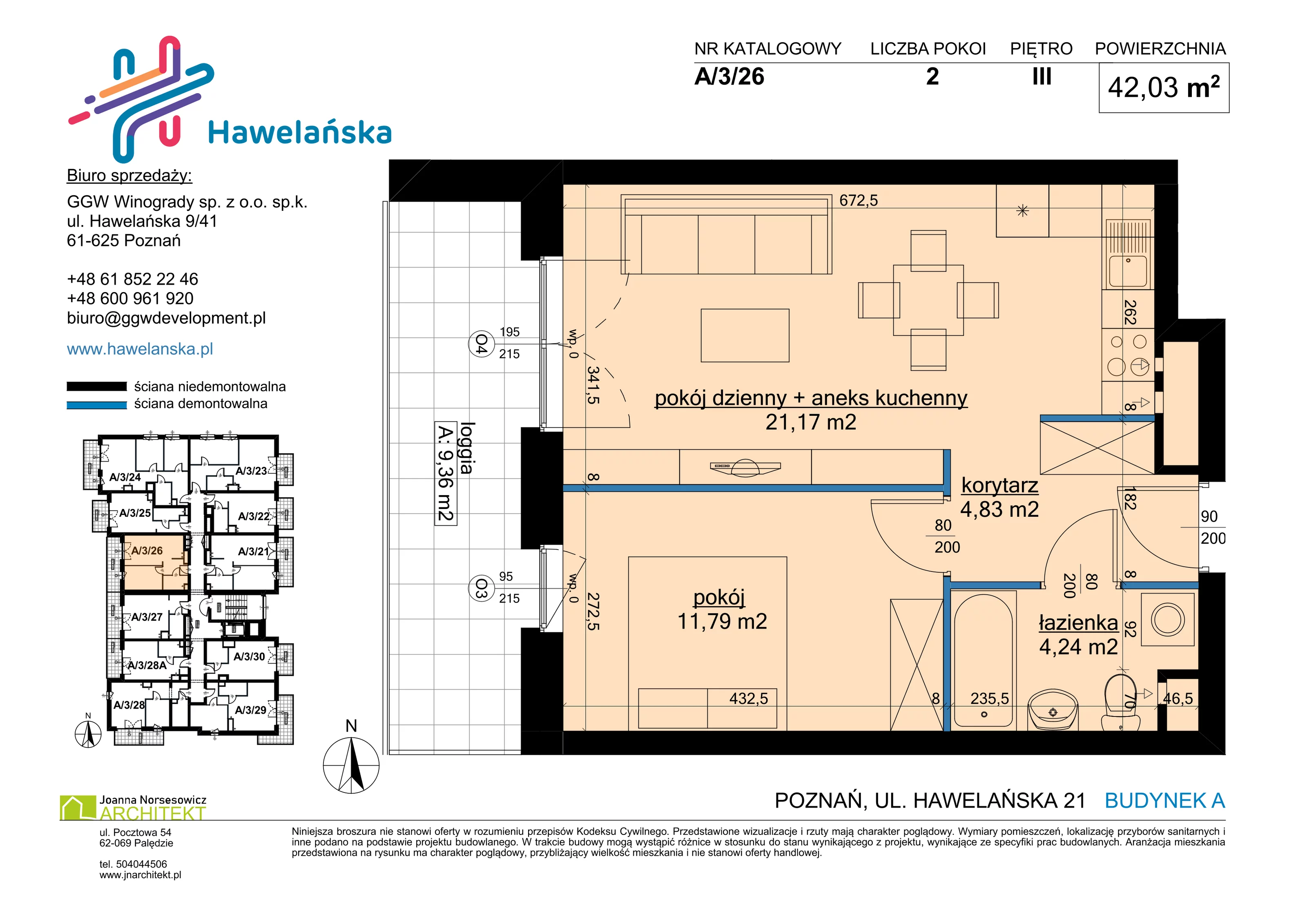 2 pokoje, mieszkanie 42,03 m², piętro 3, oferta nr A/3/26, Osiedle Hawelańska III etap, Poznań, Winogrady, ul. Hawelańska 25