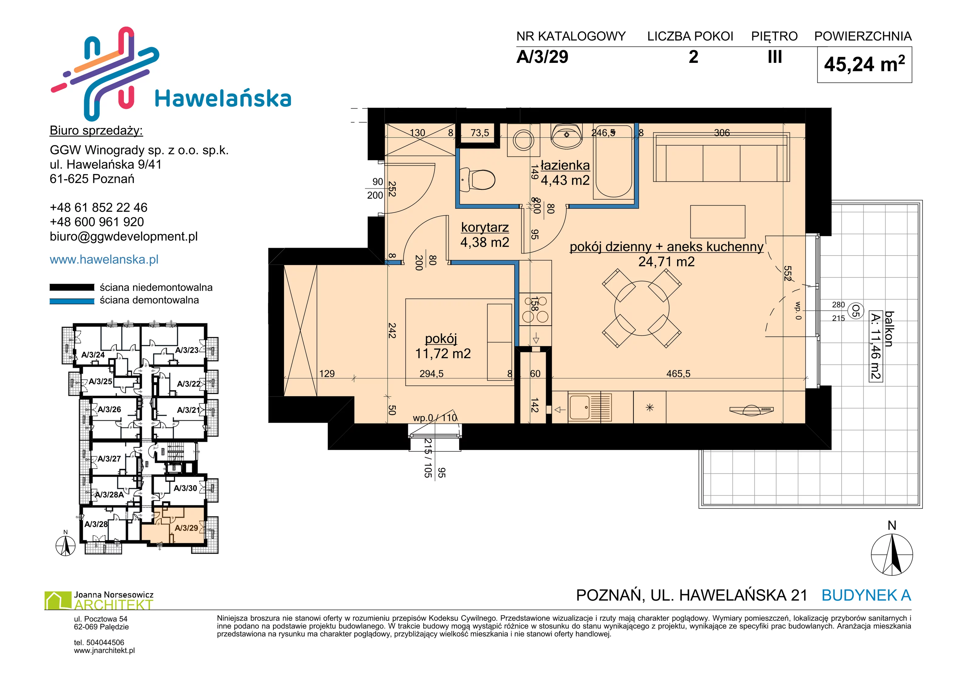 2 pokoje, mieszkanie 45,24 m², piętro 3, oferta nr A/3/29, Osiedle Hawelańska III etap, Poznań, Winogrady, ul. Hawelańska 25