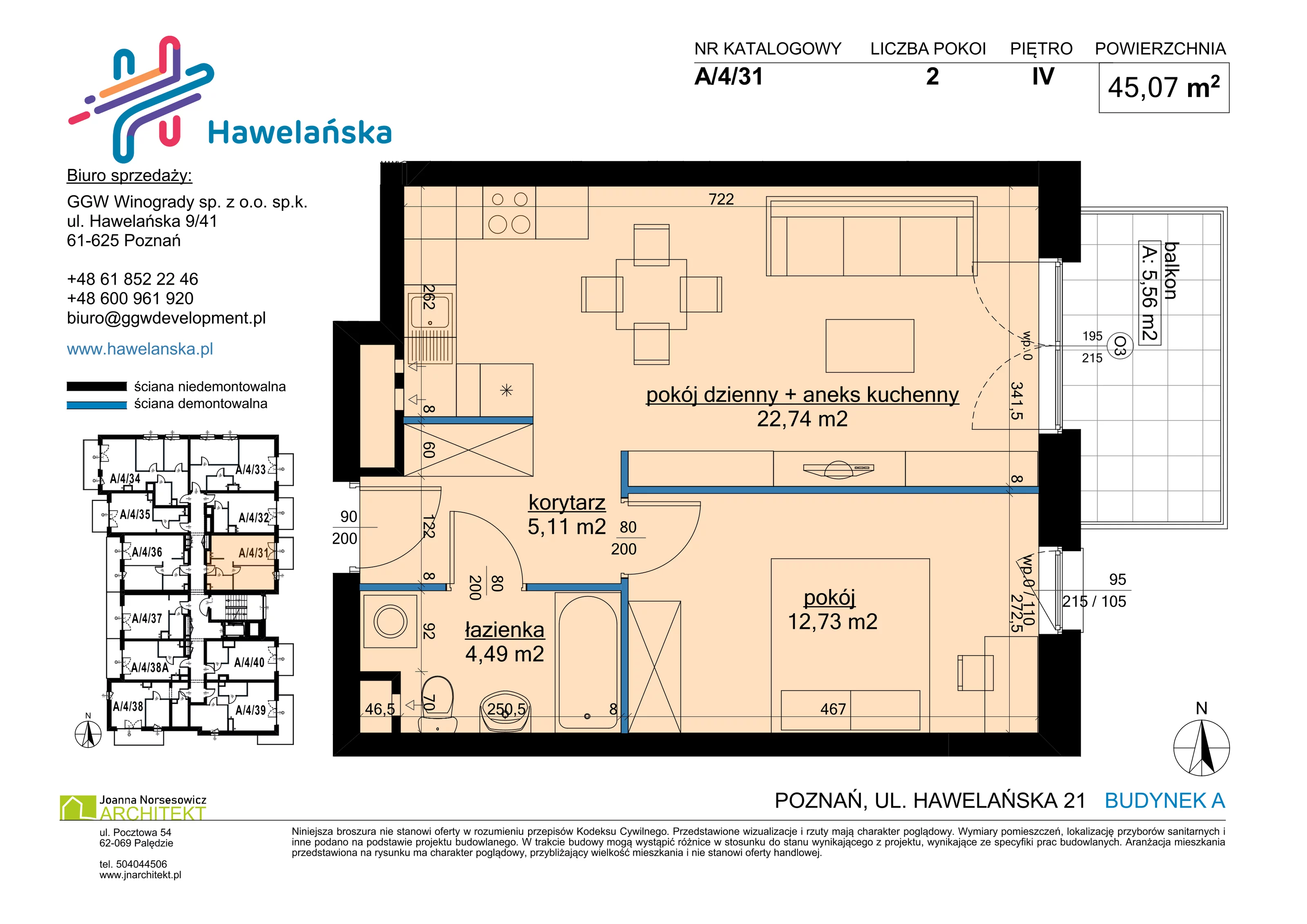 2 pokoje, mieszkanie 45,07 m², piętro 4, oferta nr A/4/31, Osiedle Hawelańska III etap, Poznań, Winogrady, ul. Hawelańska 25