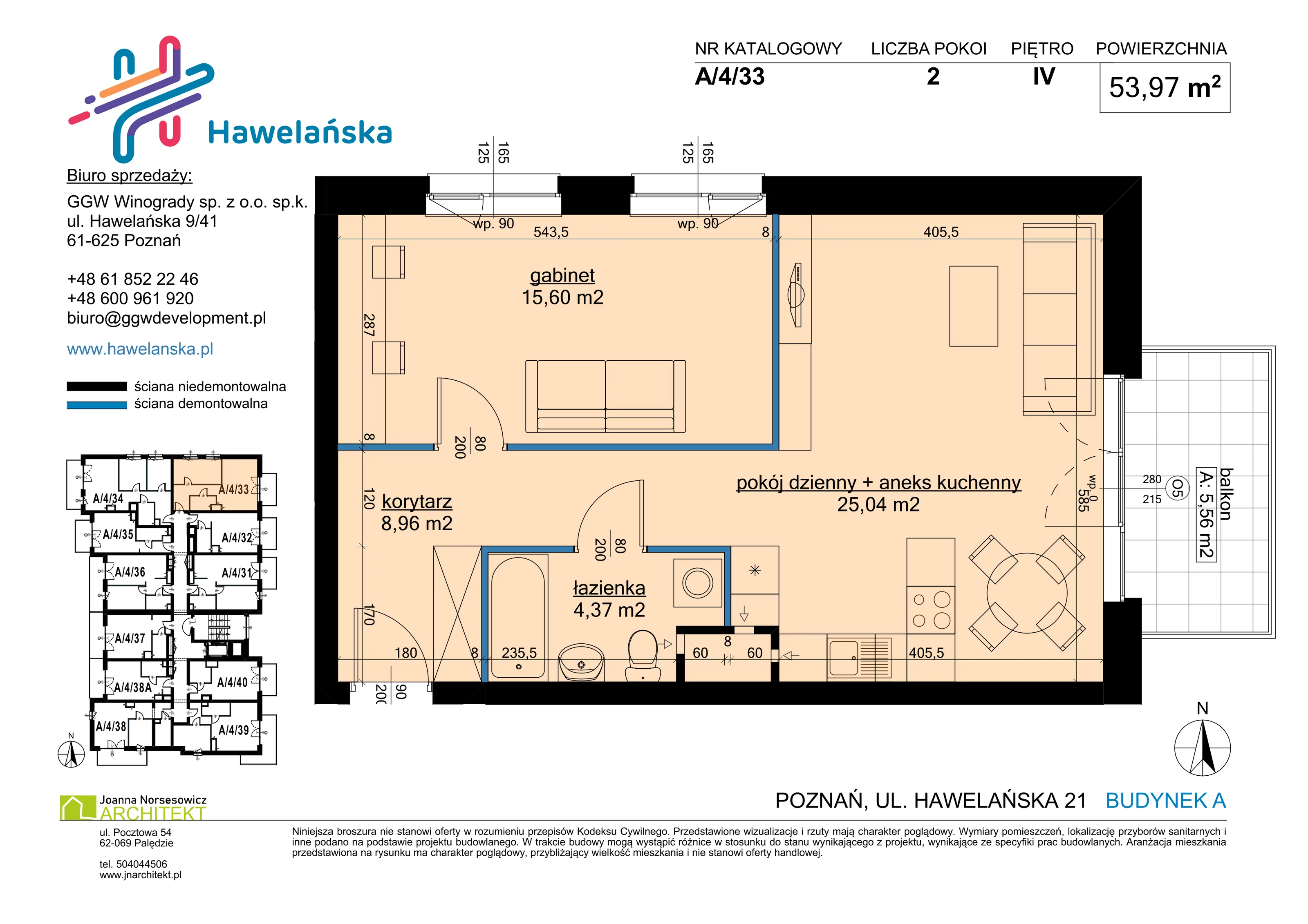 2 pokoje, mieszkanie 53,97 m², piętro 4, oferta nr A/4/33, Osiedle Hawelańska III etap, Poznań, Winogrady, ul. Hawelańska 25