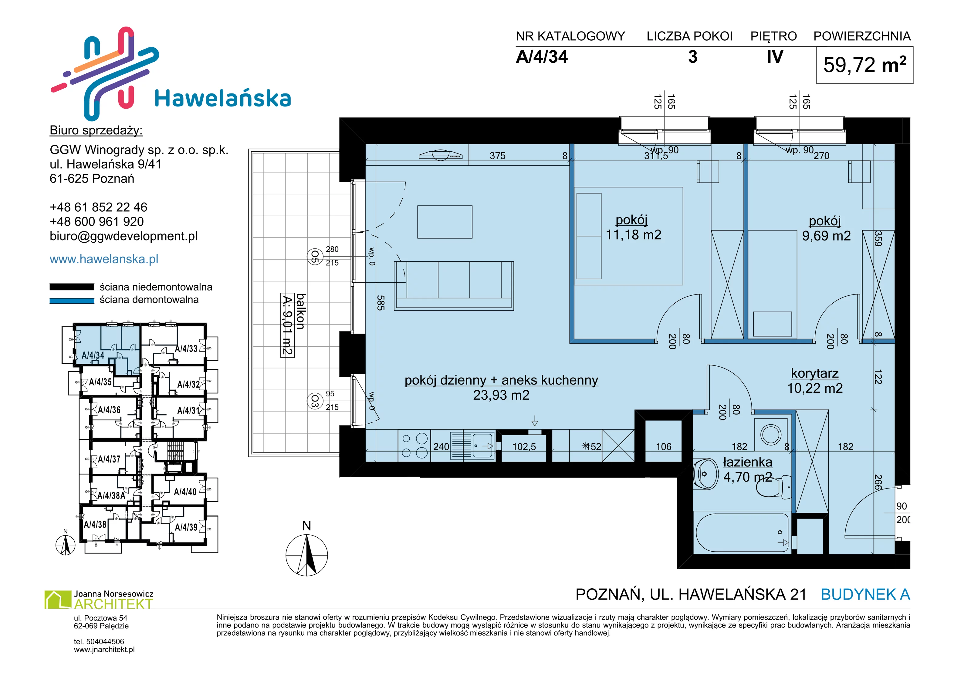 3 pokoje, mieszkanie 59,72 m², piętro 4, oferta nr A/4/34, Osiedle Hawelańska III etap, Poznań, Winogrady, ul. Hawelańska 25