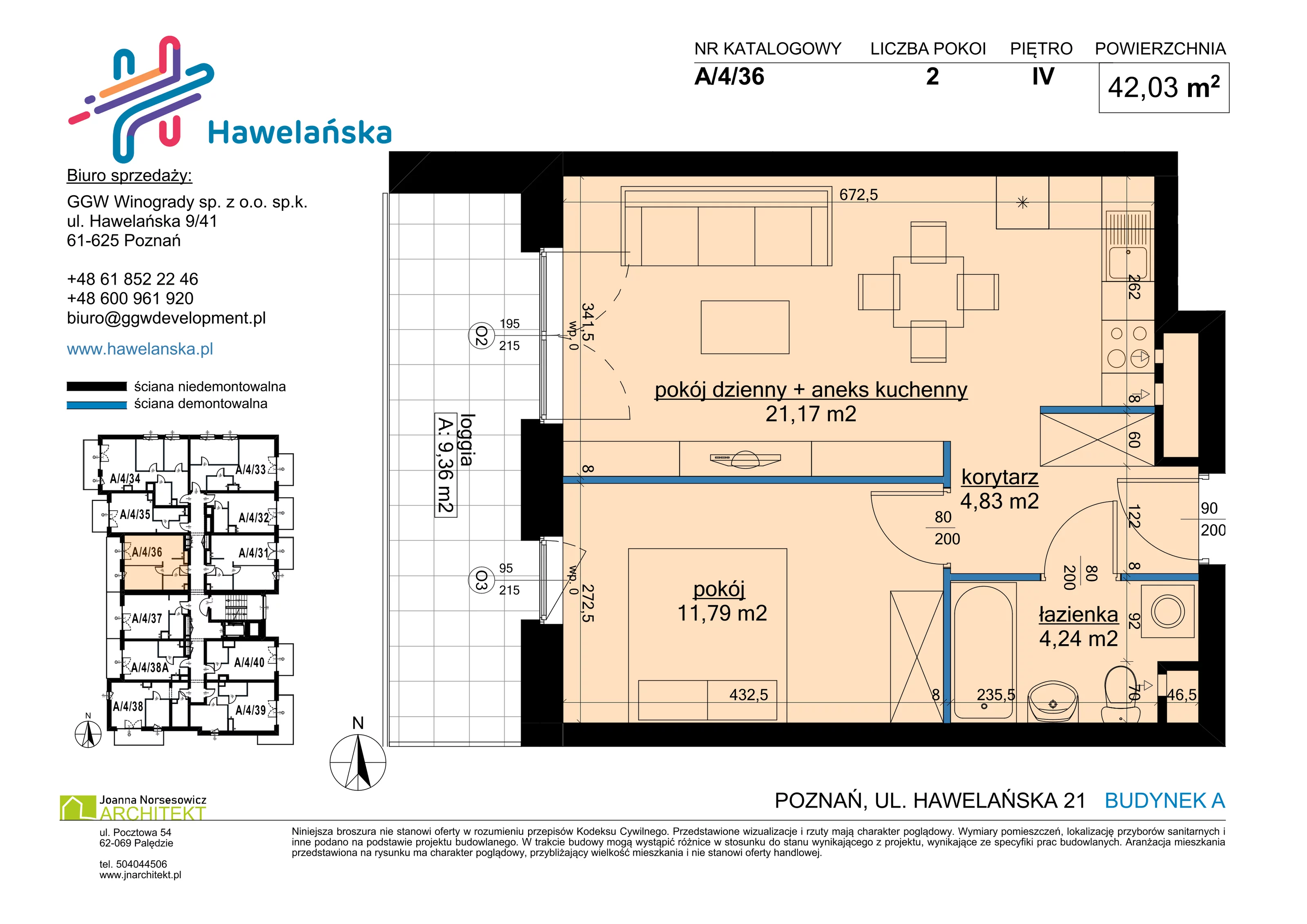 2 pokoje, mieszkanie 42,03 m², piętro 4, oferta nr A/4/36, Osiedle Hawelańska III etap, Poznań, Winogrady, ul. Hawelańska 25