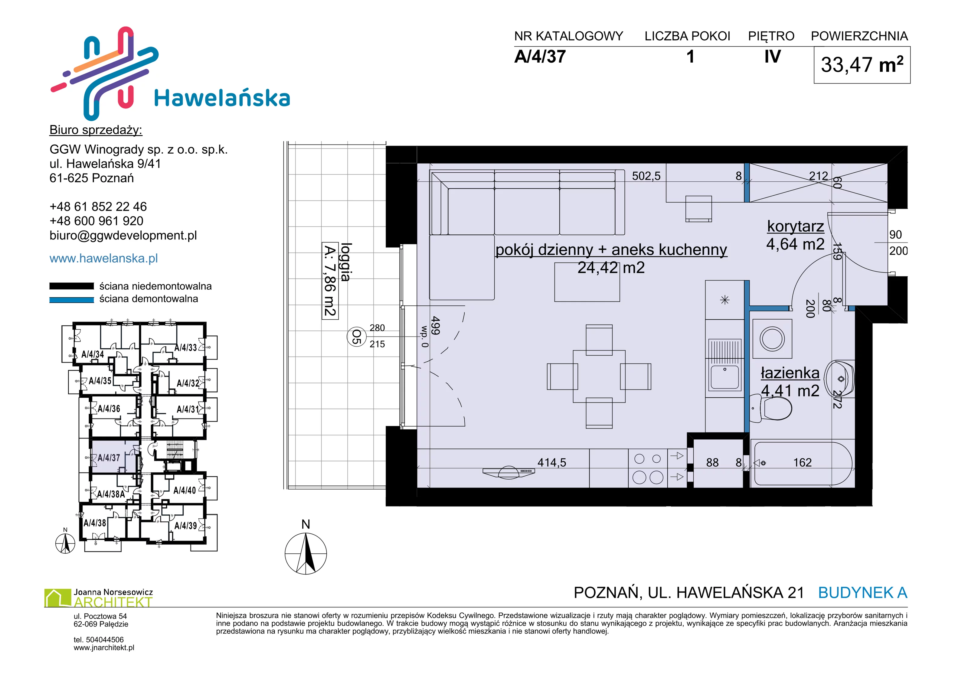 1 pokój, mieszkanie 33,47 m², piętro 4, oferta nr A/4/37, Osiedle Hawelańska III etap, Poznań, Winogrady, ul. Hawelańska 25