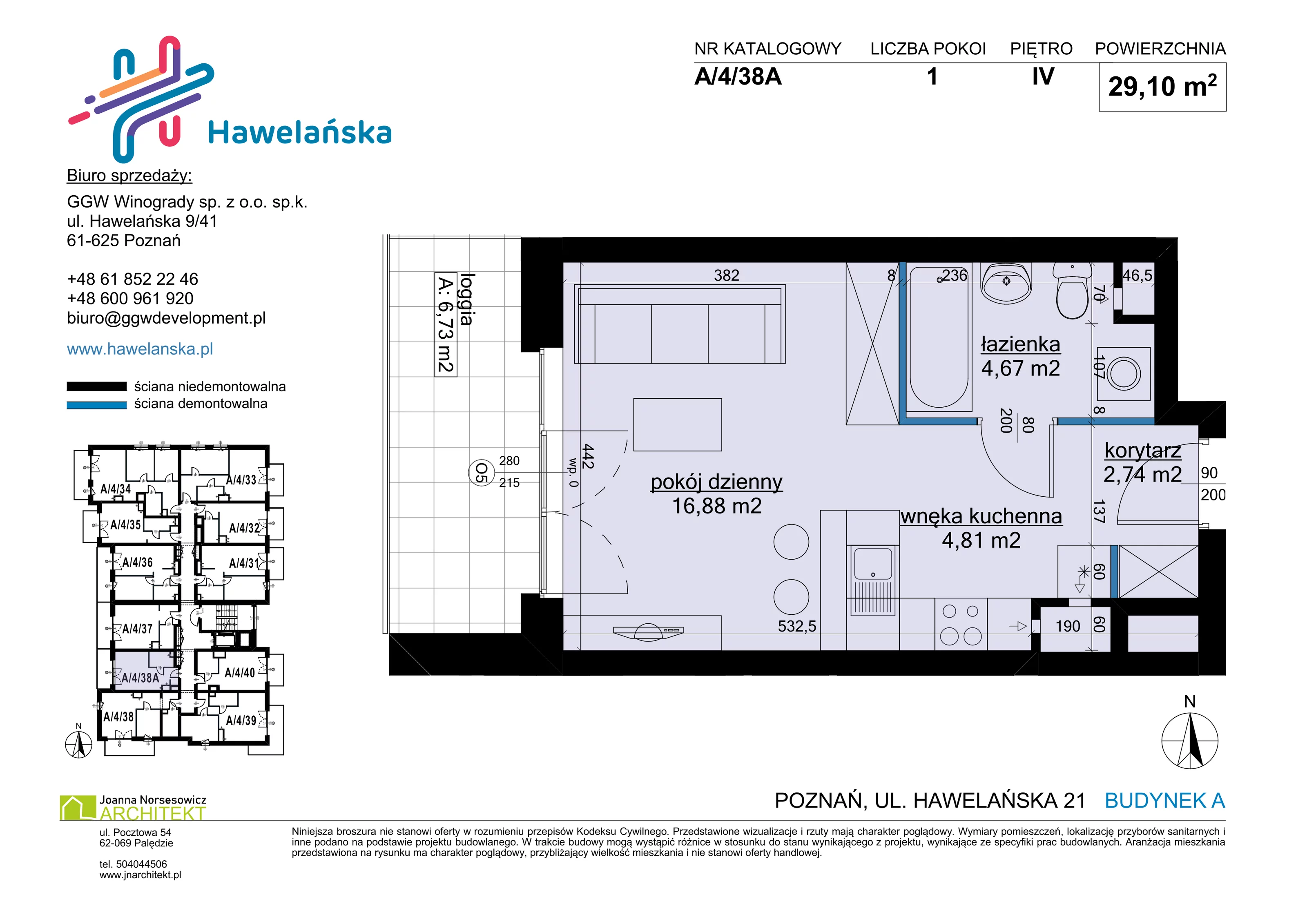 1 pokój, mieszkanie 29,10 m², piętro 4, oferta nr A/4/38A, Osiedle Hawelańska III etap, Poznań, Winogrady, ul. Hawelańska 25