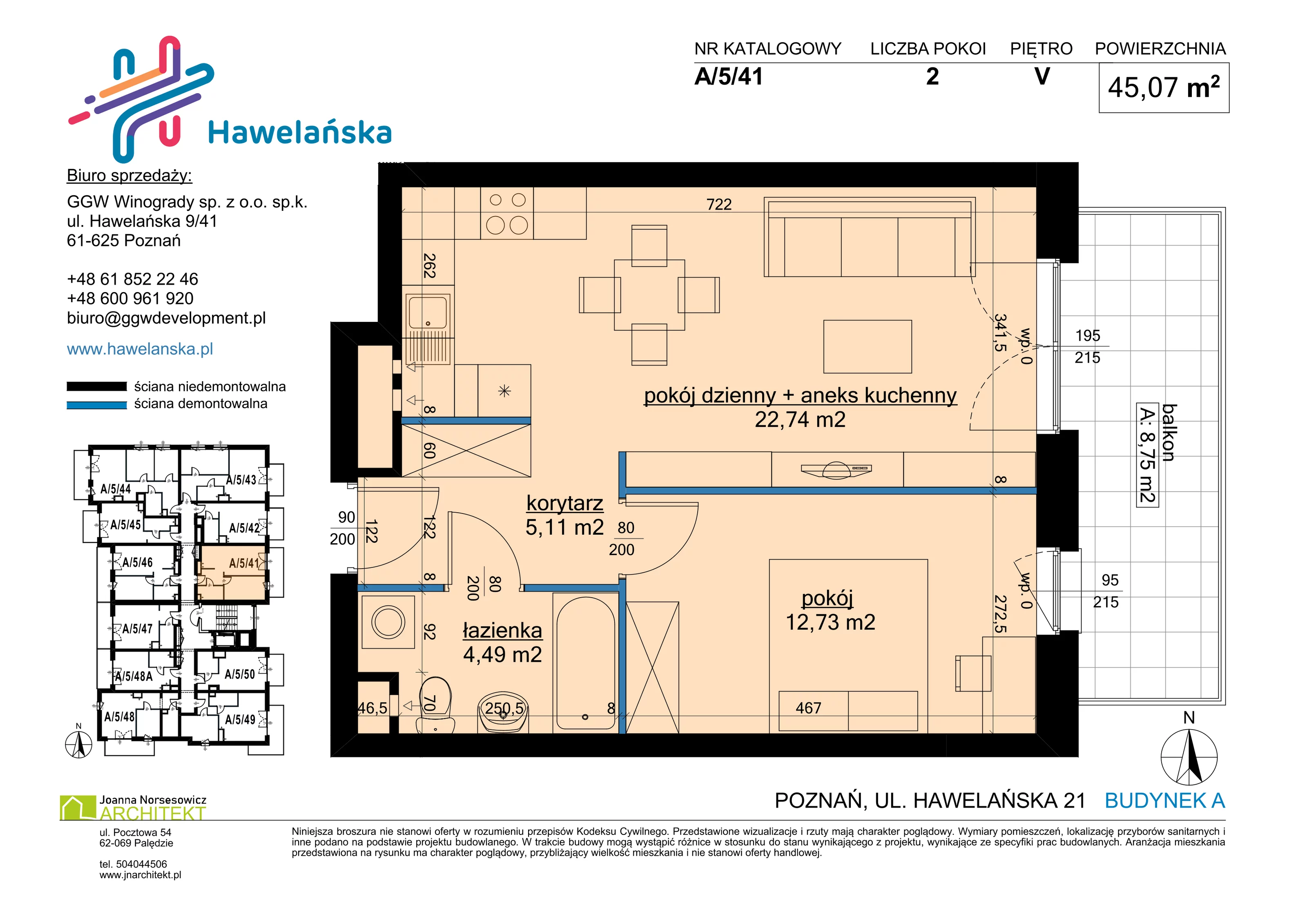 2 pokoje, mieszkanie 45,07 m², piętro 5, oferta nr A/5/41, Osiedle Hawelańska III etap, Poznań, Winogrady, ul. Hawelańska 25