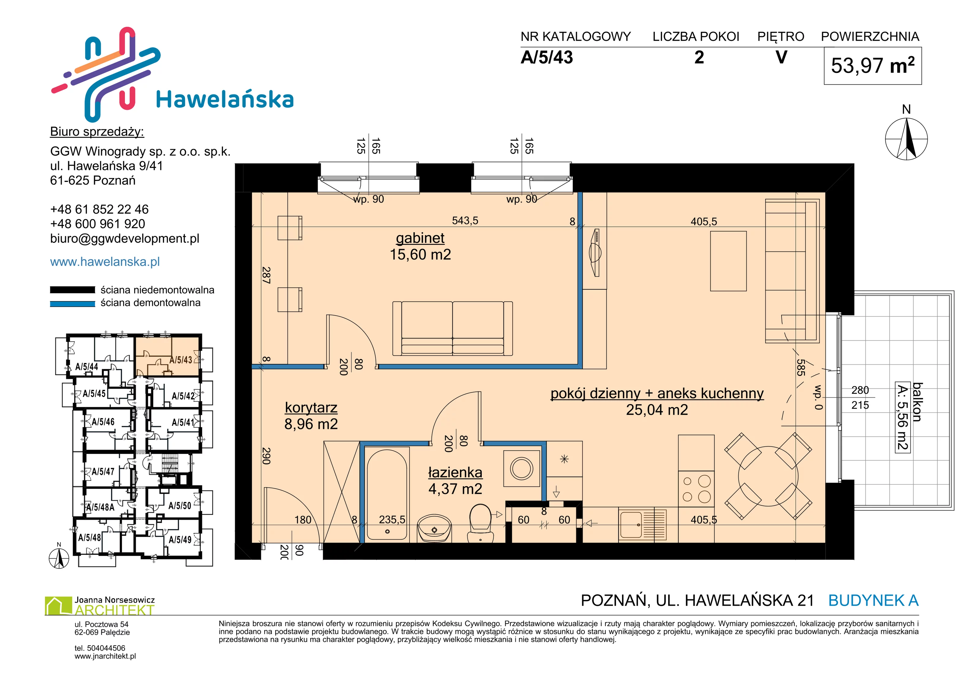 2 pokoje, mieszkanie 53,97 m², piętro 5, oferta nr A/5/43, Osiedle Hawelańska III etap, Poznań, Winogrady, ul. Hawelańska 25